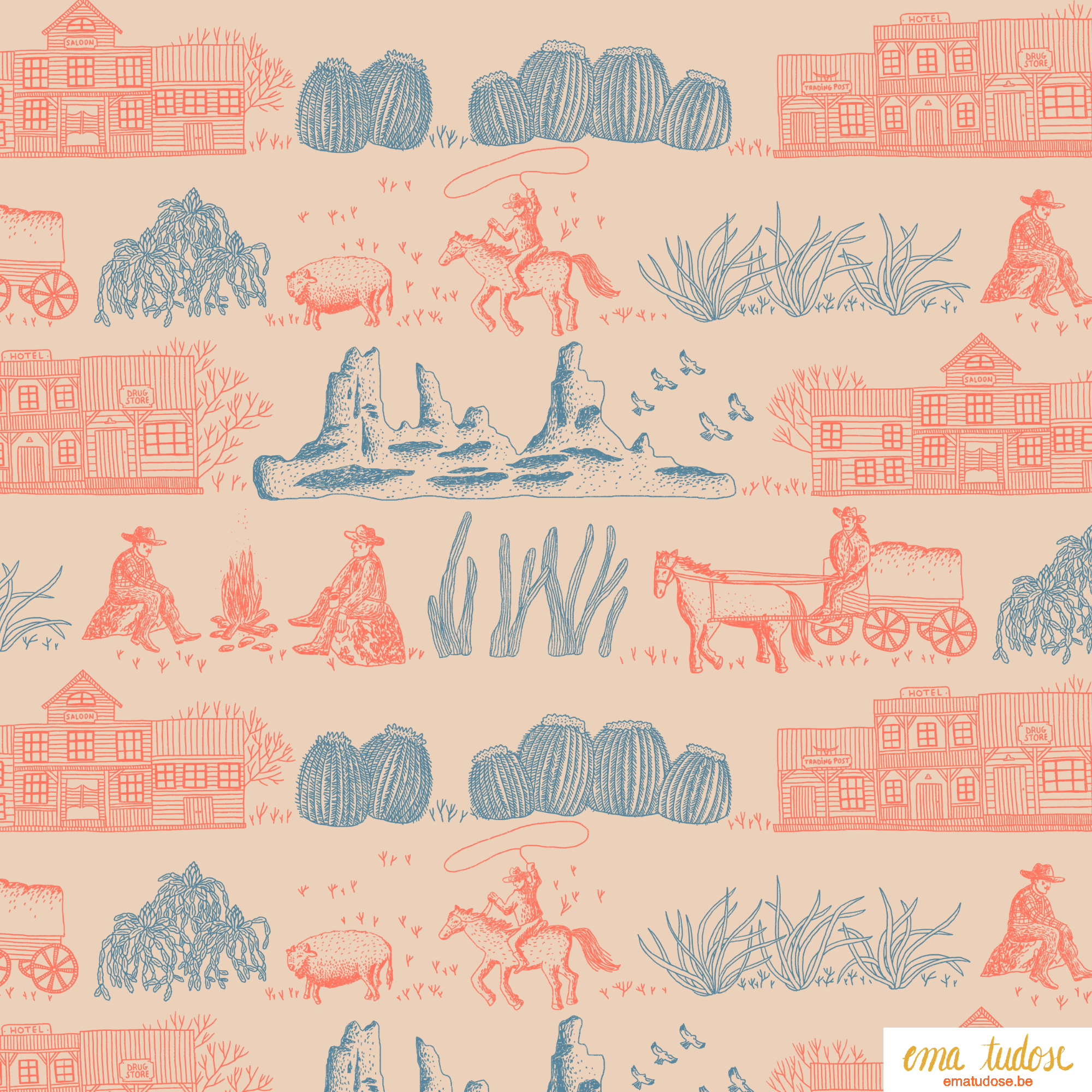 Wild West Toile — Illustrated Cowboy Pattern 