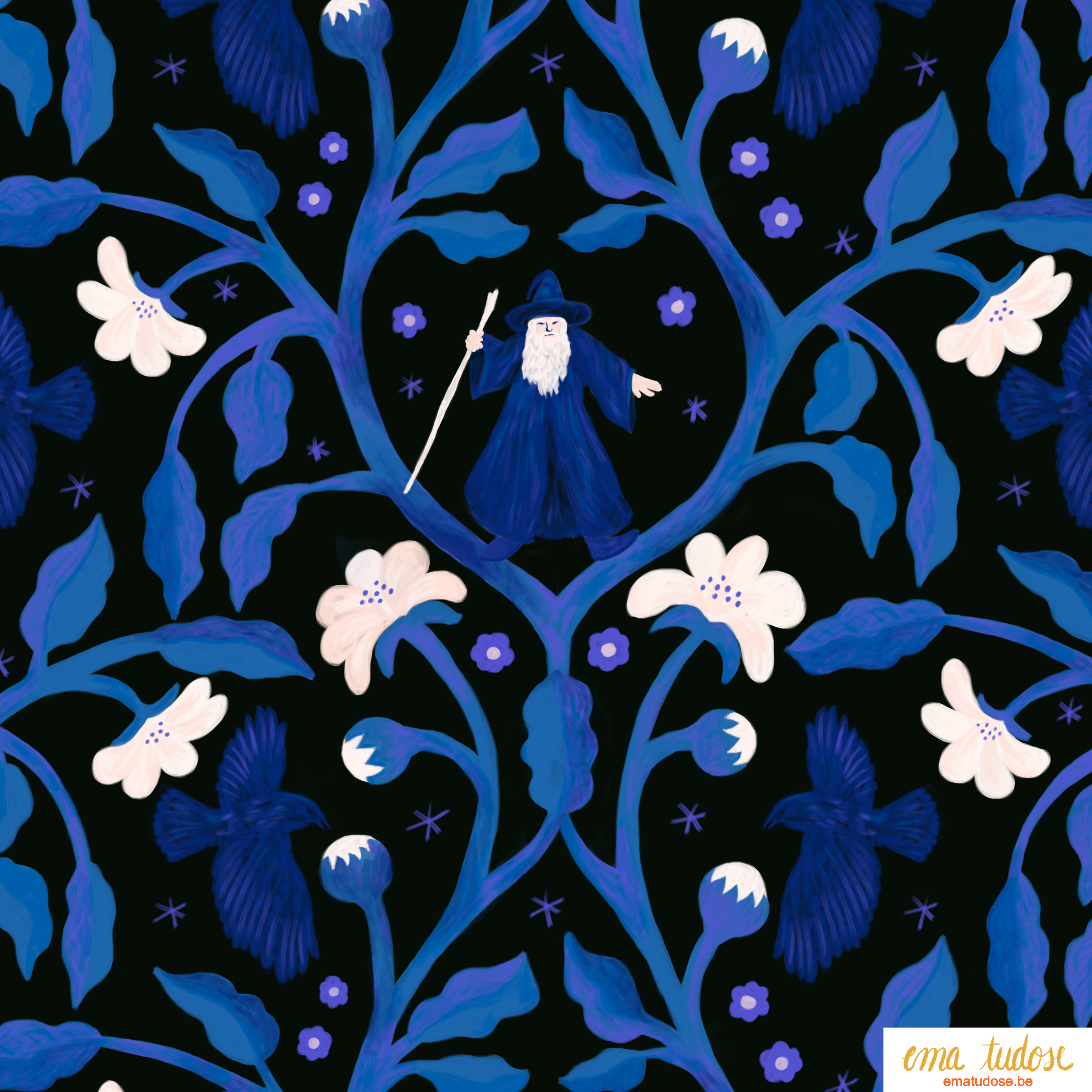 Wizard in the Midnight Garden — Hand-Painted Folk Tale Pattern
