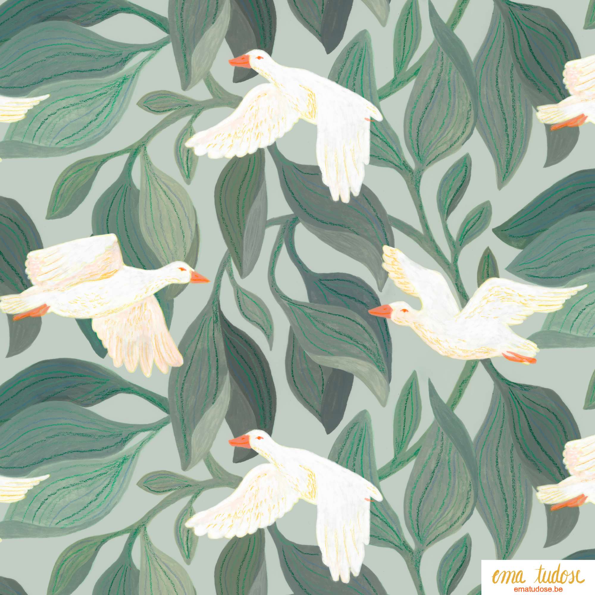 Flying Geese & Sage Leaves — Hand-Painted Botanical Pattern