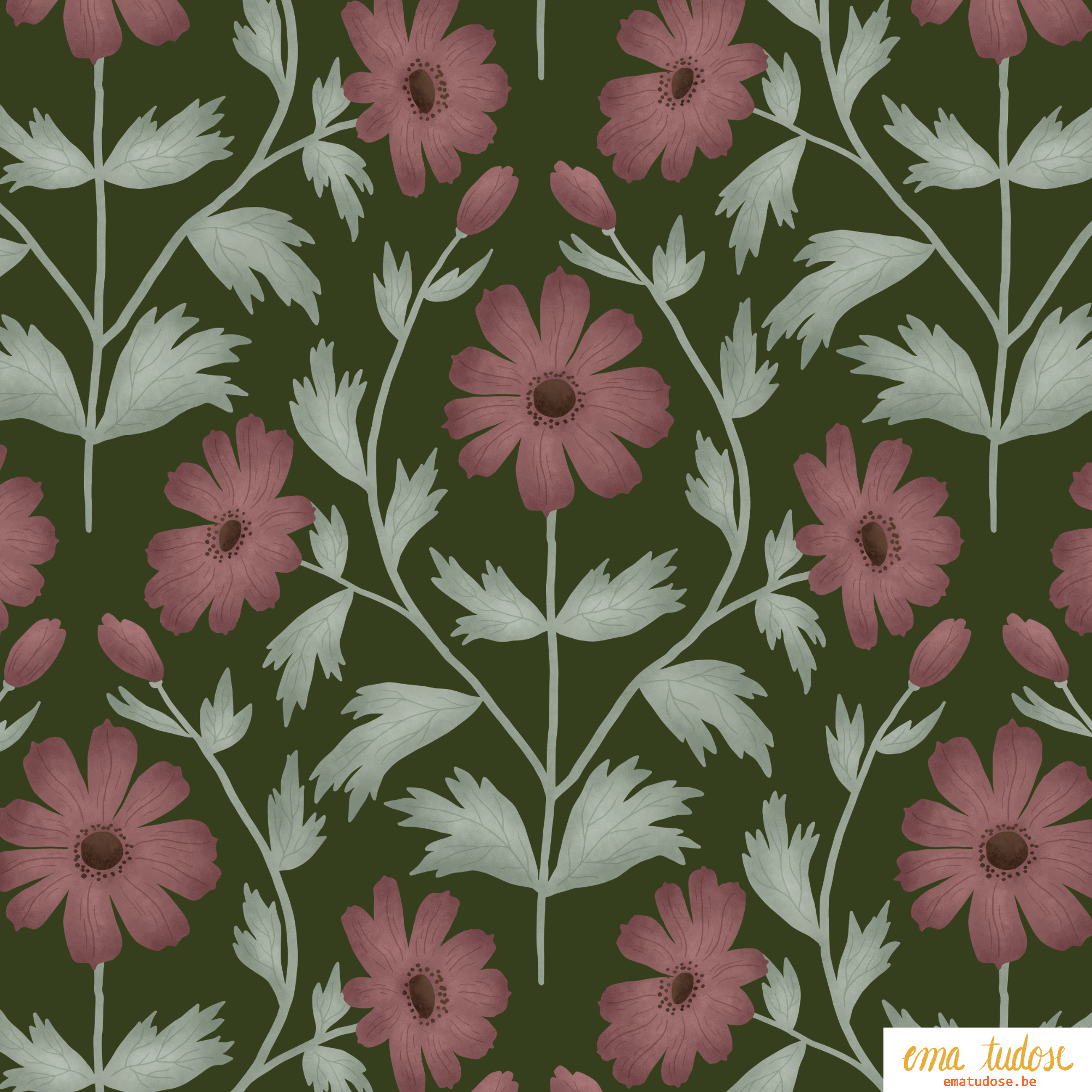 Cosmos Bloom Damask — Hand-Painted Botanical Pattern
