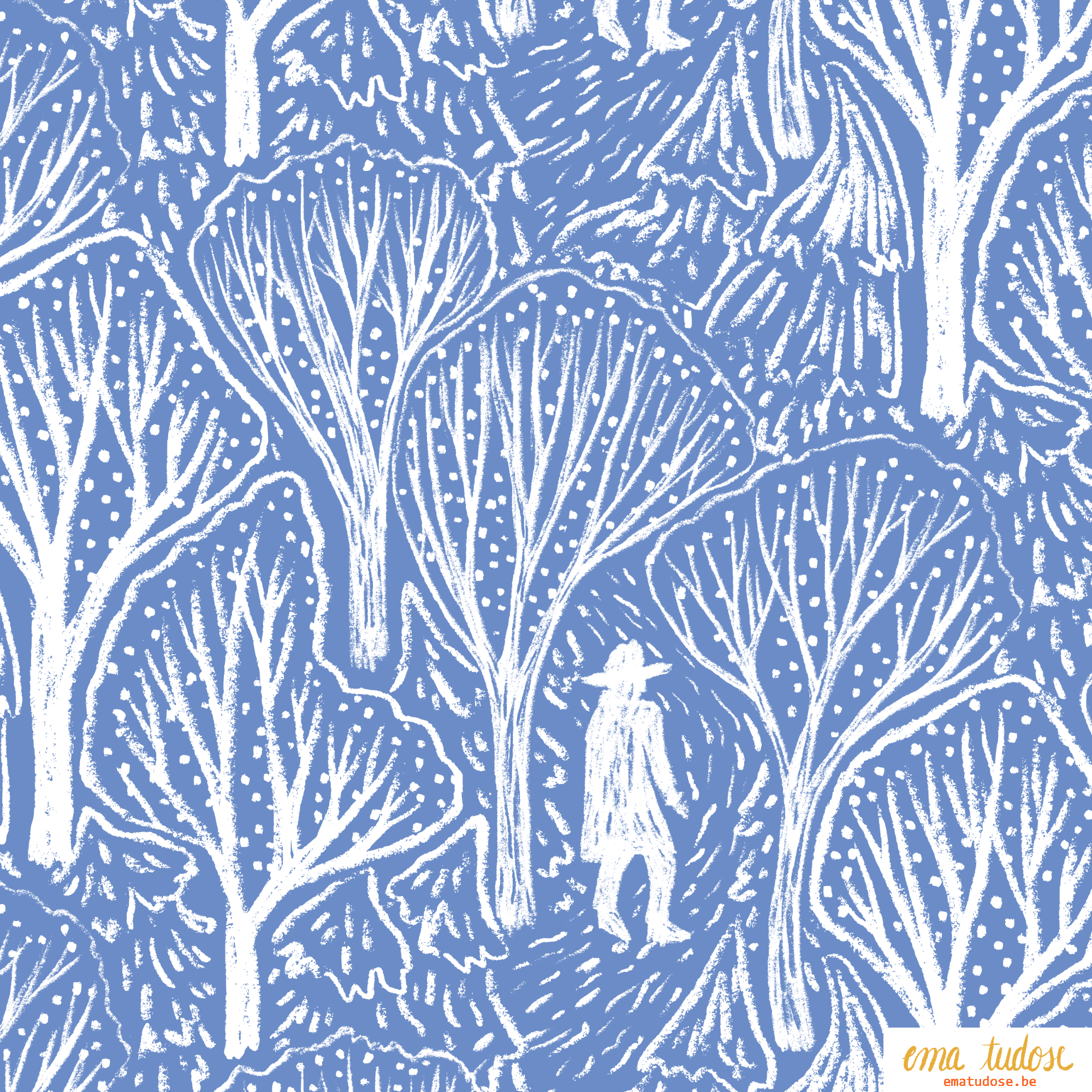 Wanderer in the Winter Woods — Hand-Painted Blue Pattern