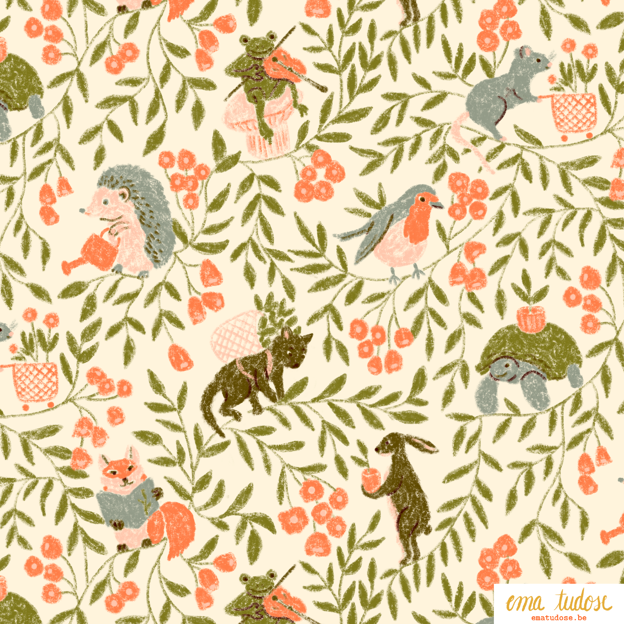 Gardening Animals — Hand-Painted Whimsical Pattern