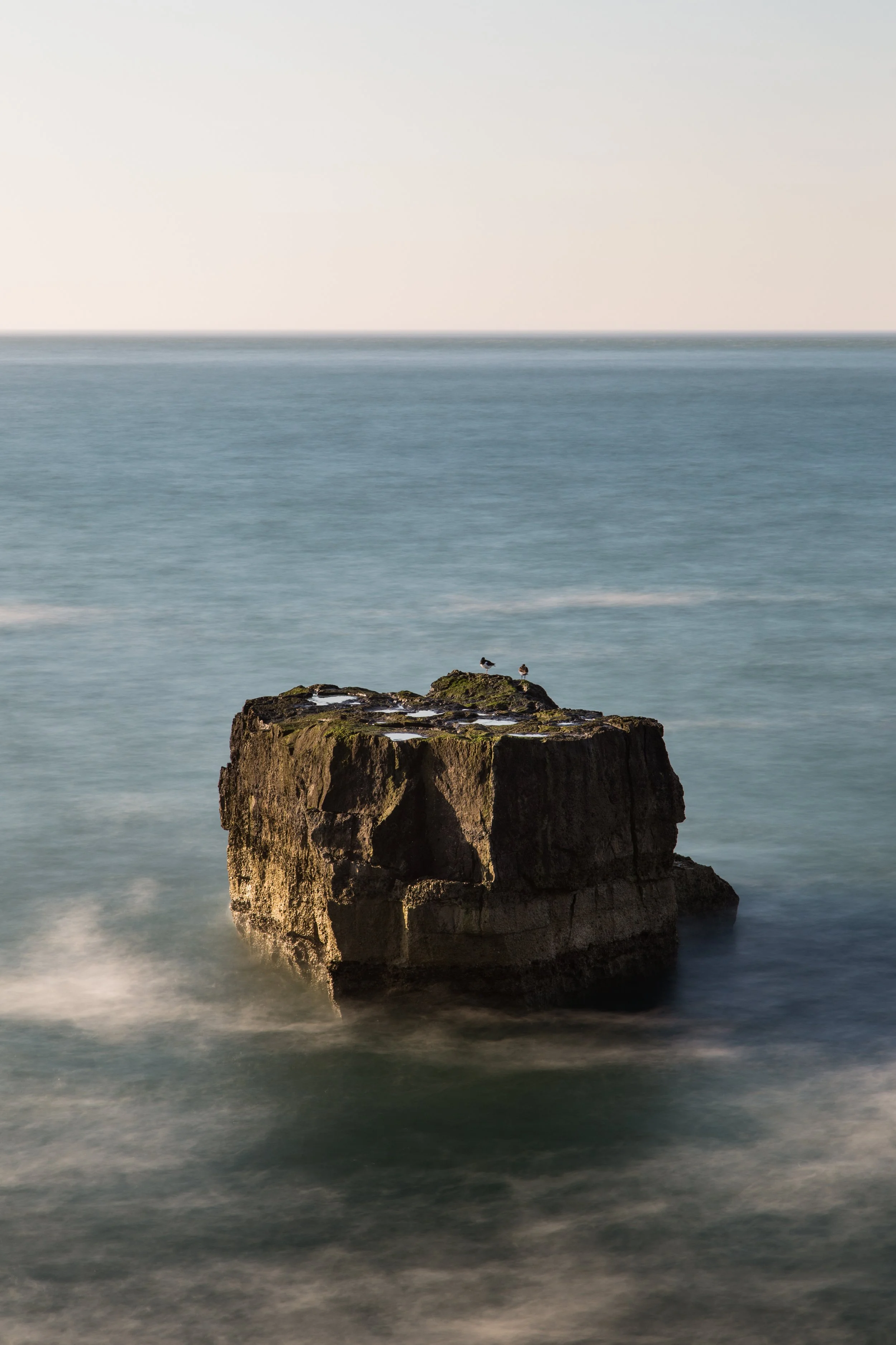 Lone rock formation in calm ocean water with birds perched on top.