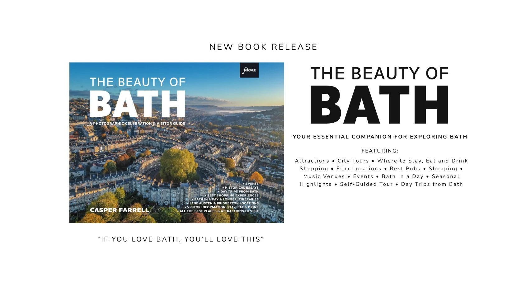Cover of a book titled 'The Beauty of Bath: A Photographic Celebration & Visitor Guide' featuring an aerial view of Bath, England with historic buildings and a large green park in the center, and some trees with autumn foliage.