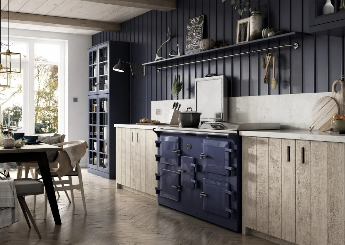 Everhot 150i electric range cooker in Marine Blue enamel, supplied in Jersey by Bryony Richardson Interior Design