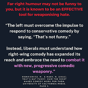 A humorous quote about political comedy and weaponizing hate, with emphasis on conservative and progressive perspectives, quotes from Sienkiewicz and Marx, and a call to combat it with new, progressive comedic weaponry.
