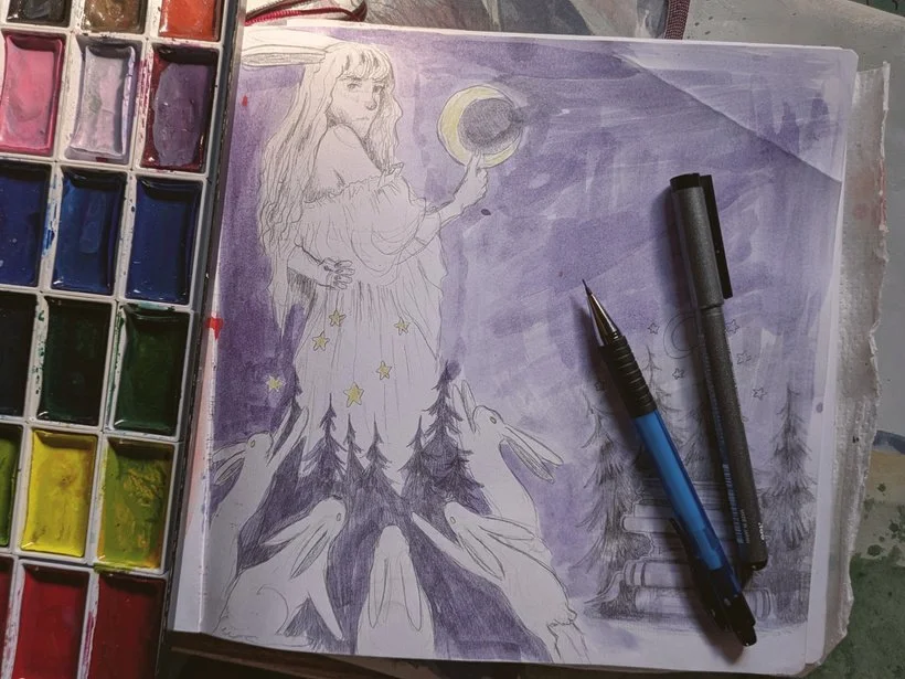 sketch of my rabbit queen holding a moon in one hand. She's standing in a forest surrounded by white rabbits