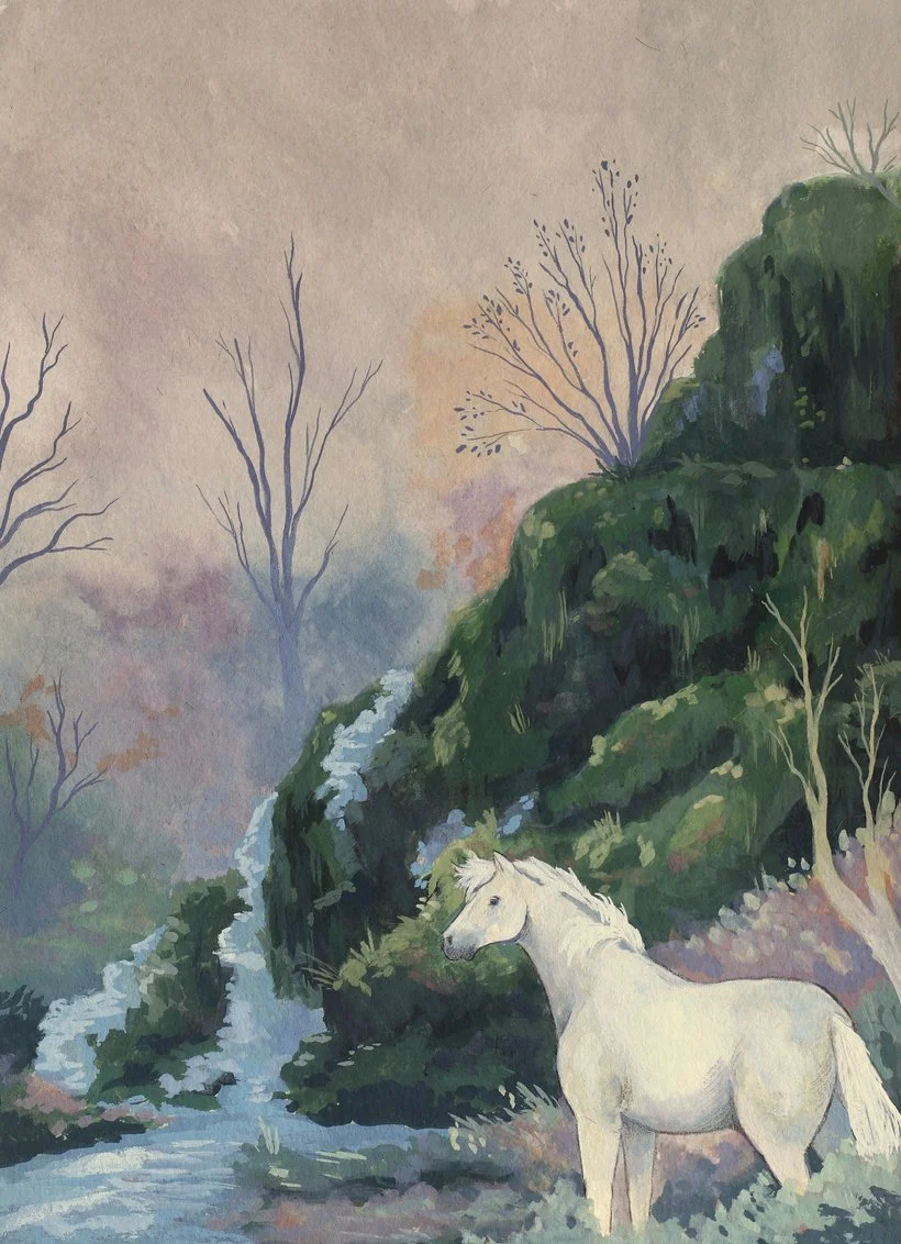 a white horse stnading in front of a waterfall and a green mountain