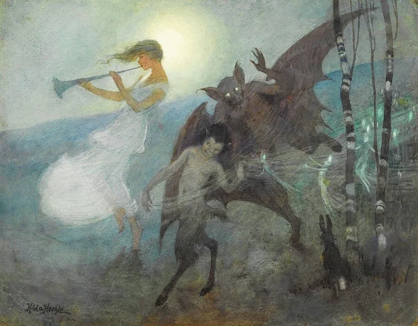 a girl in a white gown playing the flute. There are Fairies and Demons dancing around a tree