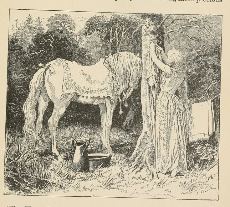a black and white ink drawing of a white horse and a girl in a long dress