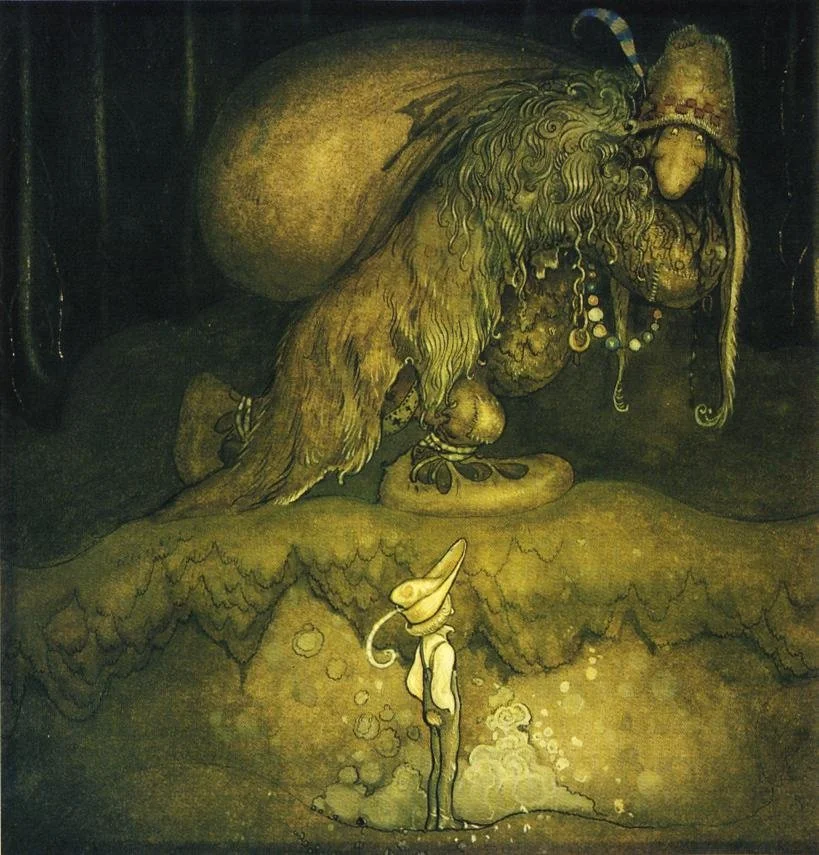 a dark, greenish yellow illustration of a forest and boy looking up at a big troll that carries a sack on his back