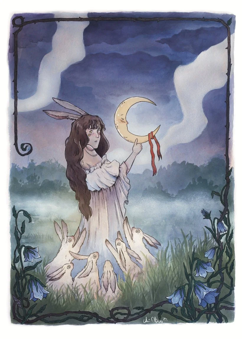 Finished artwork. A woman in a white gown holds a crescent moon in front of a blue night sky. She's surrounded by white rabbits and harebellflowers