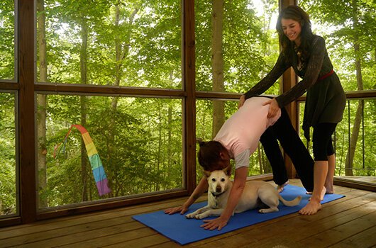 Ann Swanson practicing yoga therapy with a client and her dog