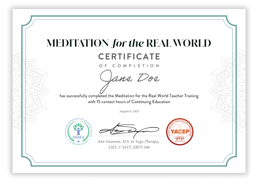 Meditation of the real world certificate of completion featuring Jane Doe