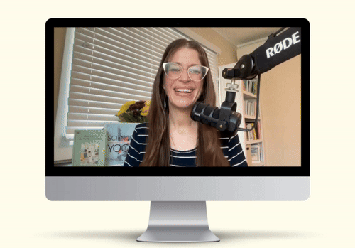 Animated computer screen mockup of Ann talking into a microphone and smiling at the camera.