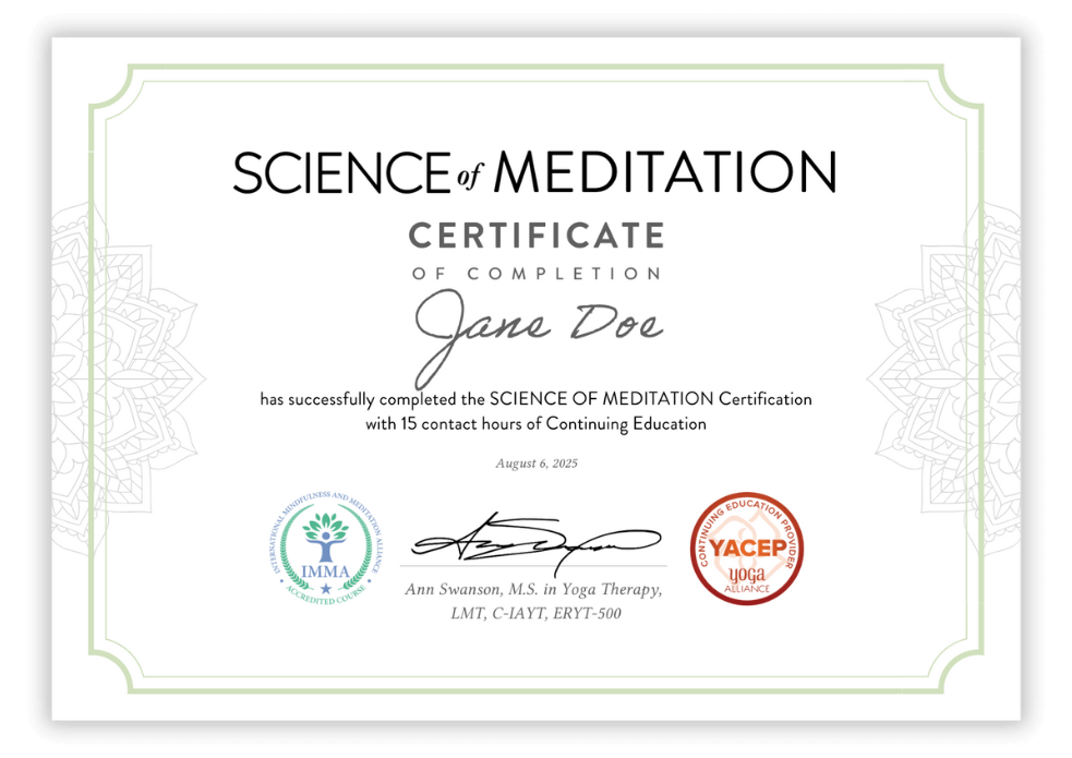 Science of Meditation certificate of completion for Jane Doe.
