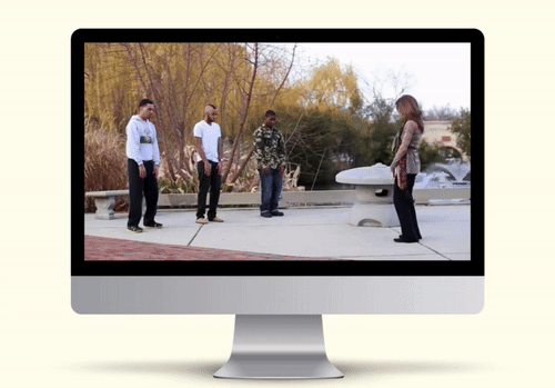 Computer screen mockup showing Ann guiding three men through a curated mindful movement practice.