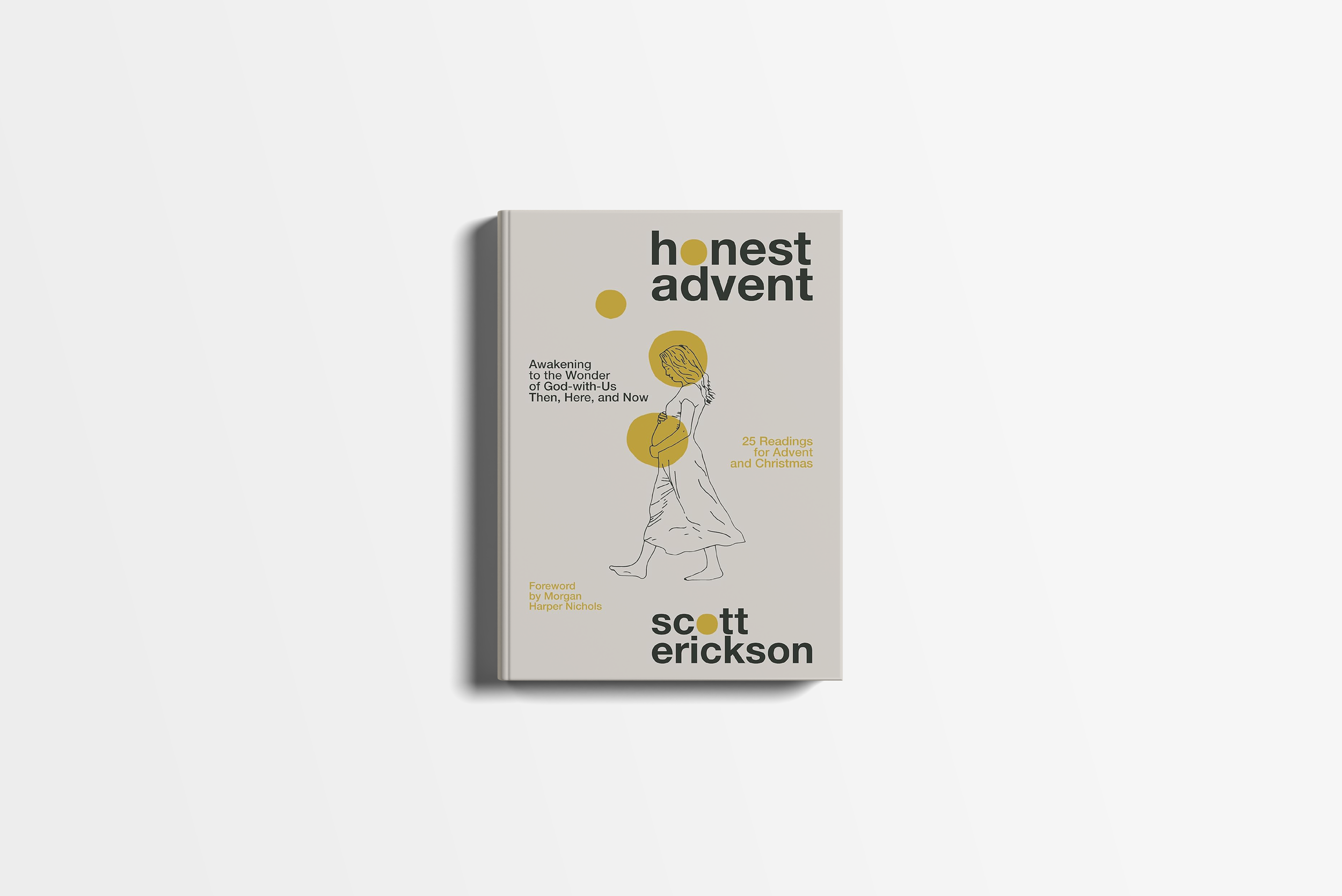 Honest Advent book cover line drawing of pregnant Mary, monochromatic in cream and gold.