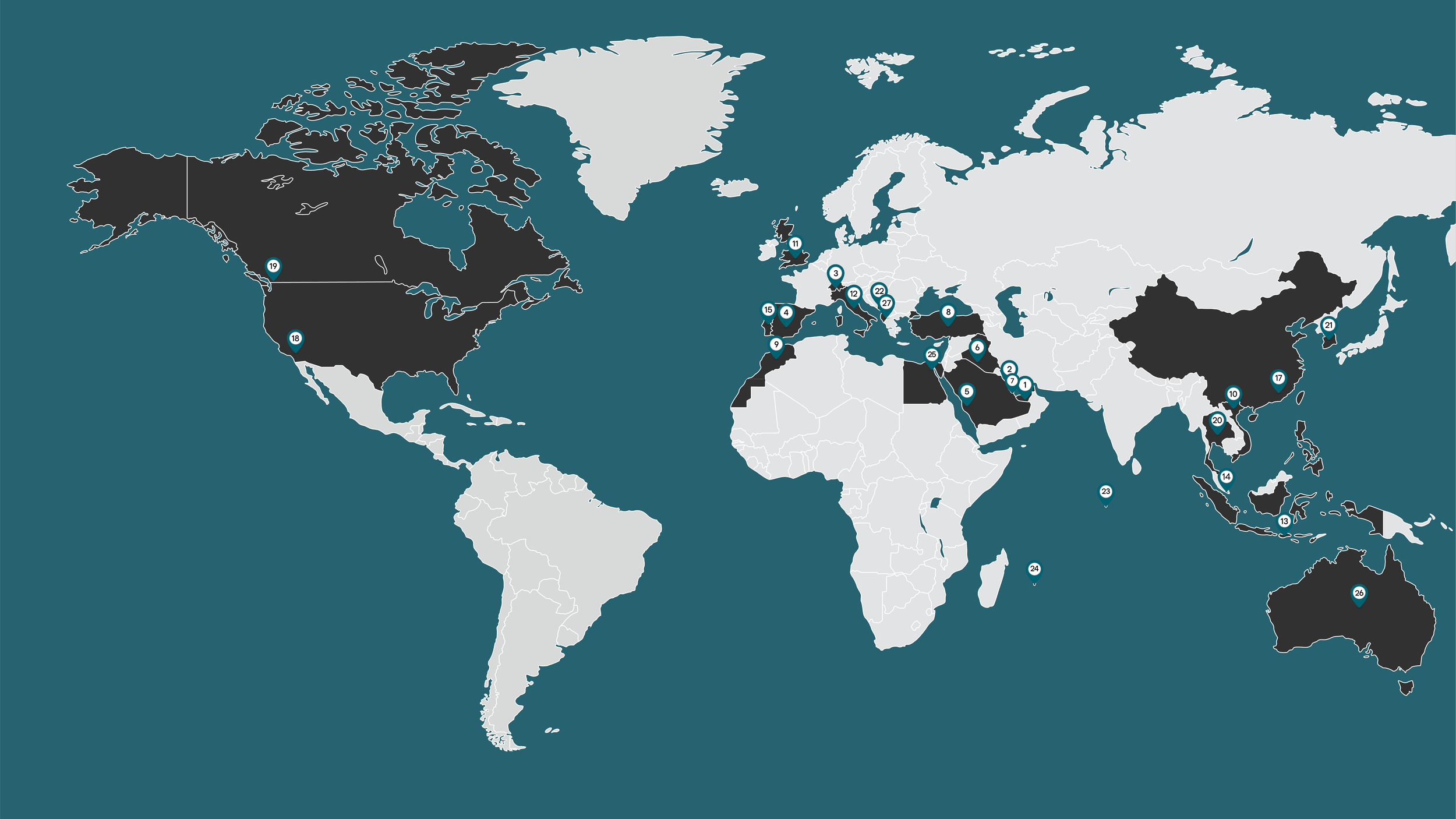 World map highlighting specific countries with numbered markers