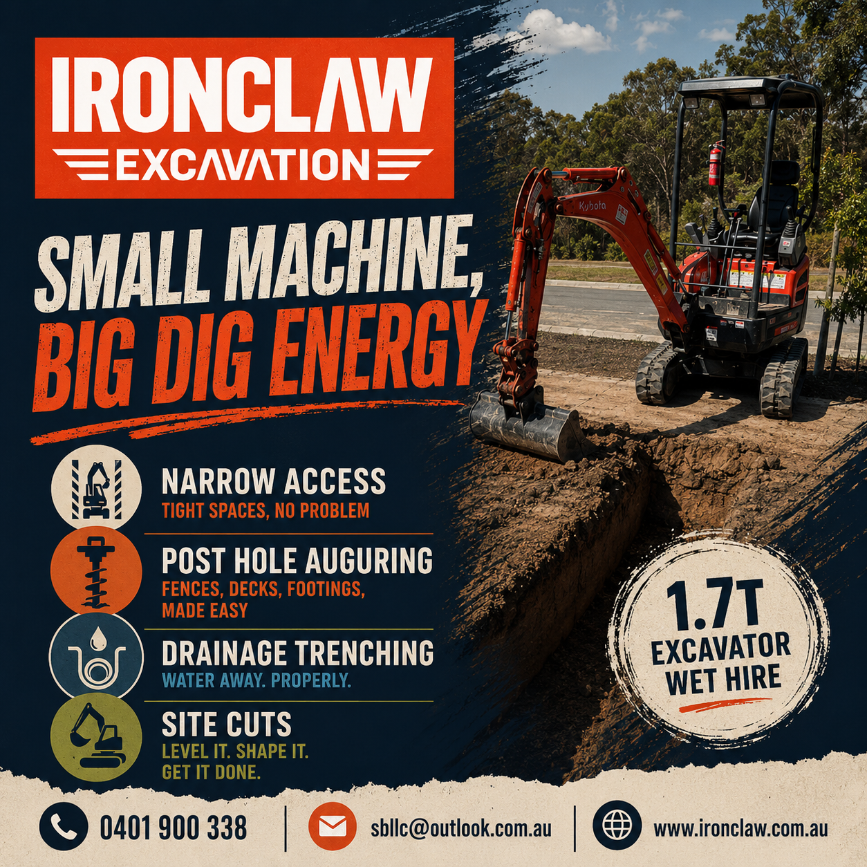 Mini Excavator langwarrin IronClaw narrow access