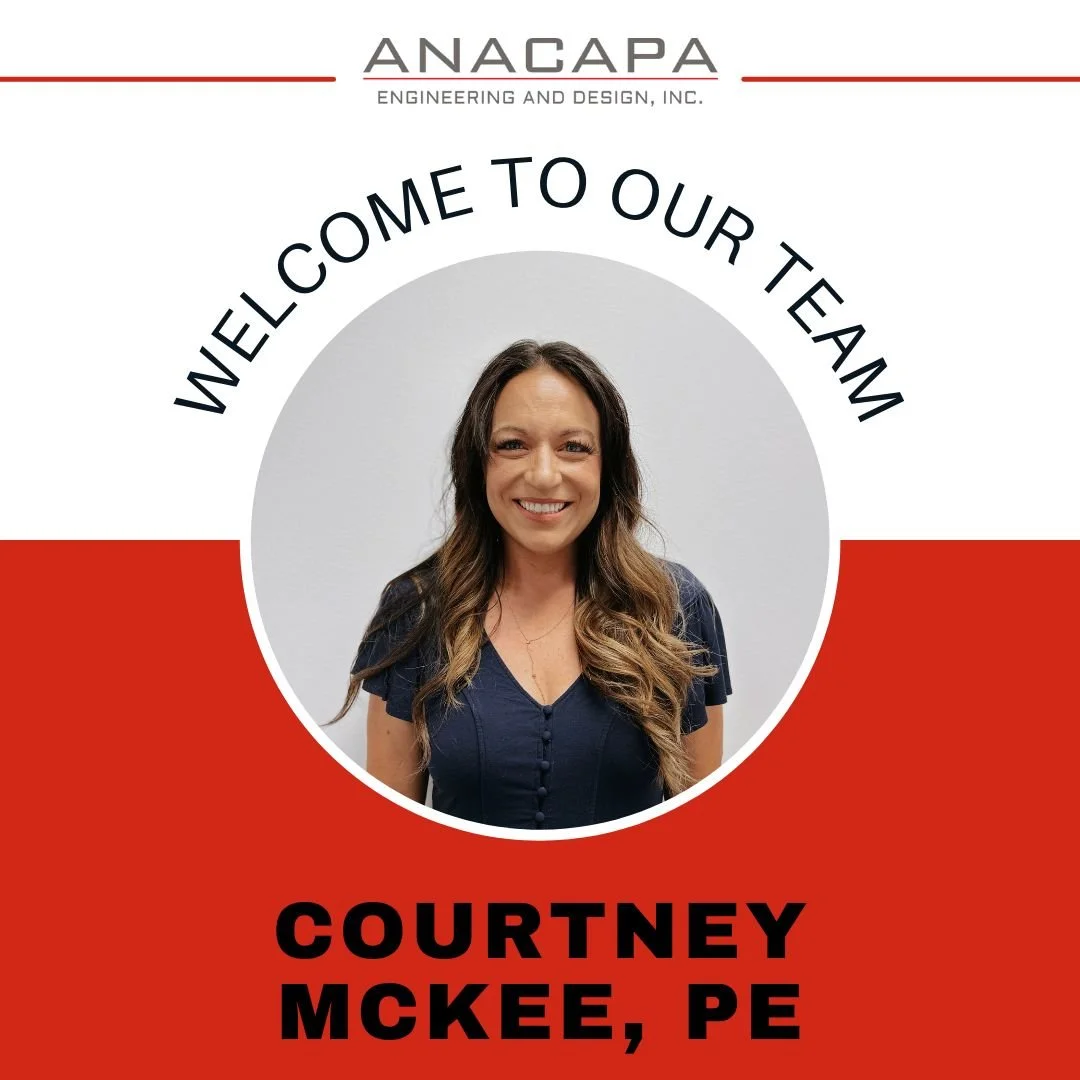 Image showing a "Welcome to Our Team" announcement for Courtney McKee, PE, from Anacapa Engineering and Design, Inc. Courtney McKee is pictured smiling against a plain background.