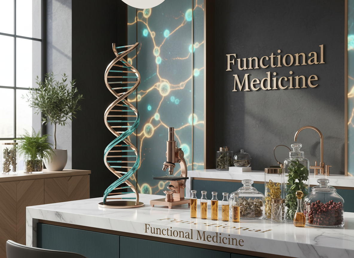 A modern medical laboratory with a DNA double helix model, test tubes, and scientific equipment on a white marble counter. The background has the words "Functional Medicine" on a dark wall with a neuron-like digital design.