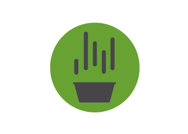 Icon of a plant in a pot with vertical lines representing growth or energy, set against a green circular background.