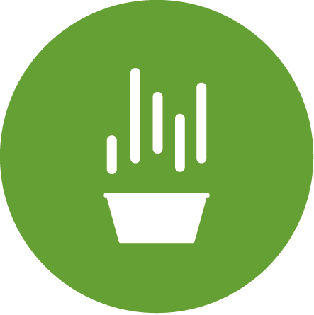 Icon of a potted plant with vertical lines representing growth or leaves inside a green circle.