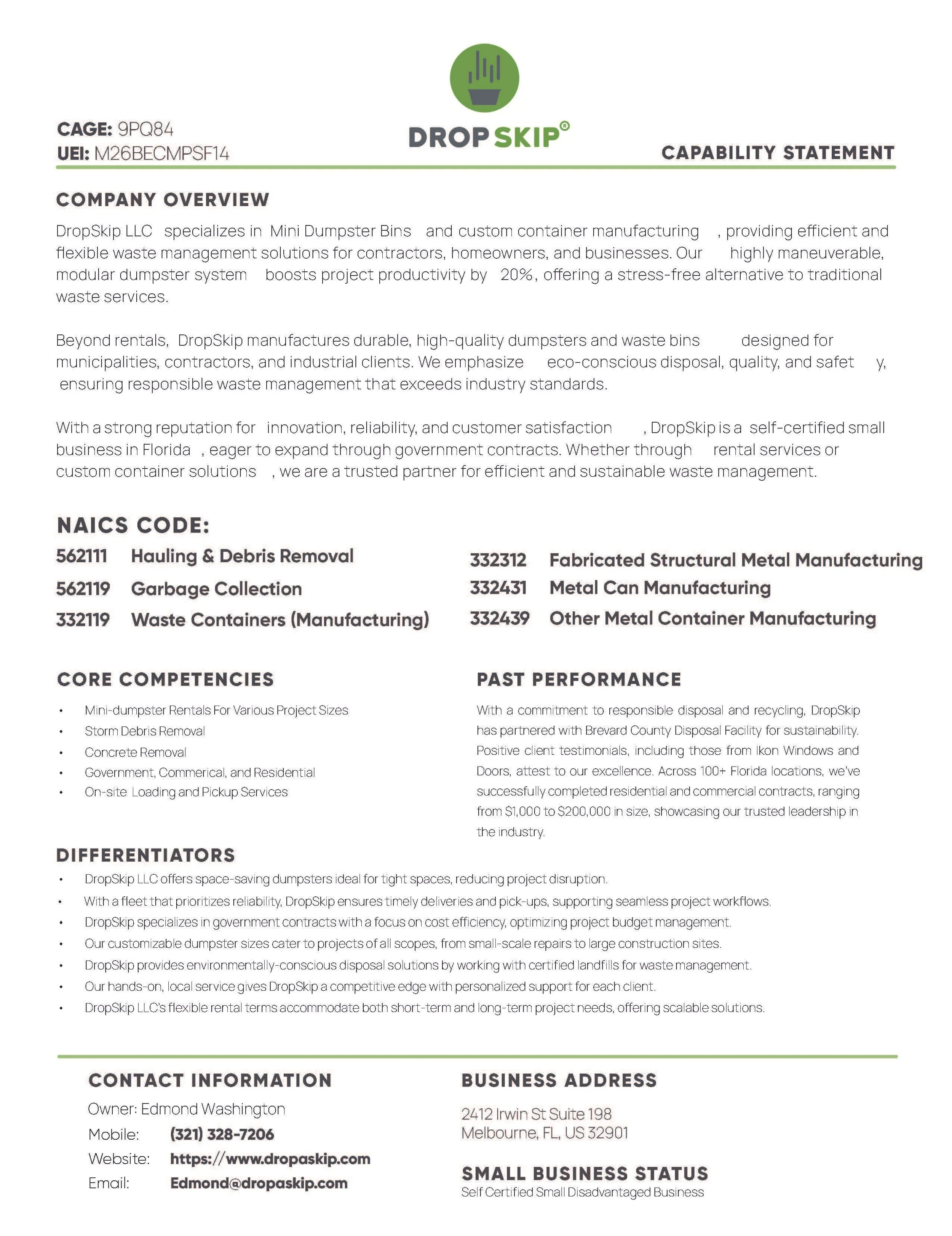 This is a capability statement document from DropSkip LLC, detailing their company overview, NAICS codes, core competencies, past performance, differentiators, contact information, business address, and small business status.