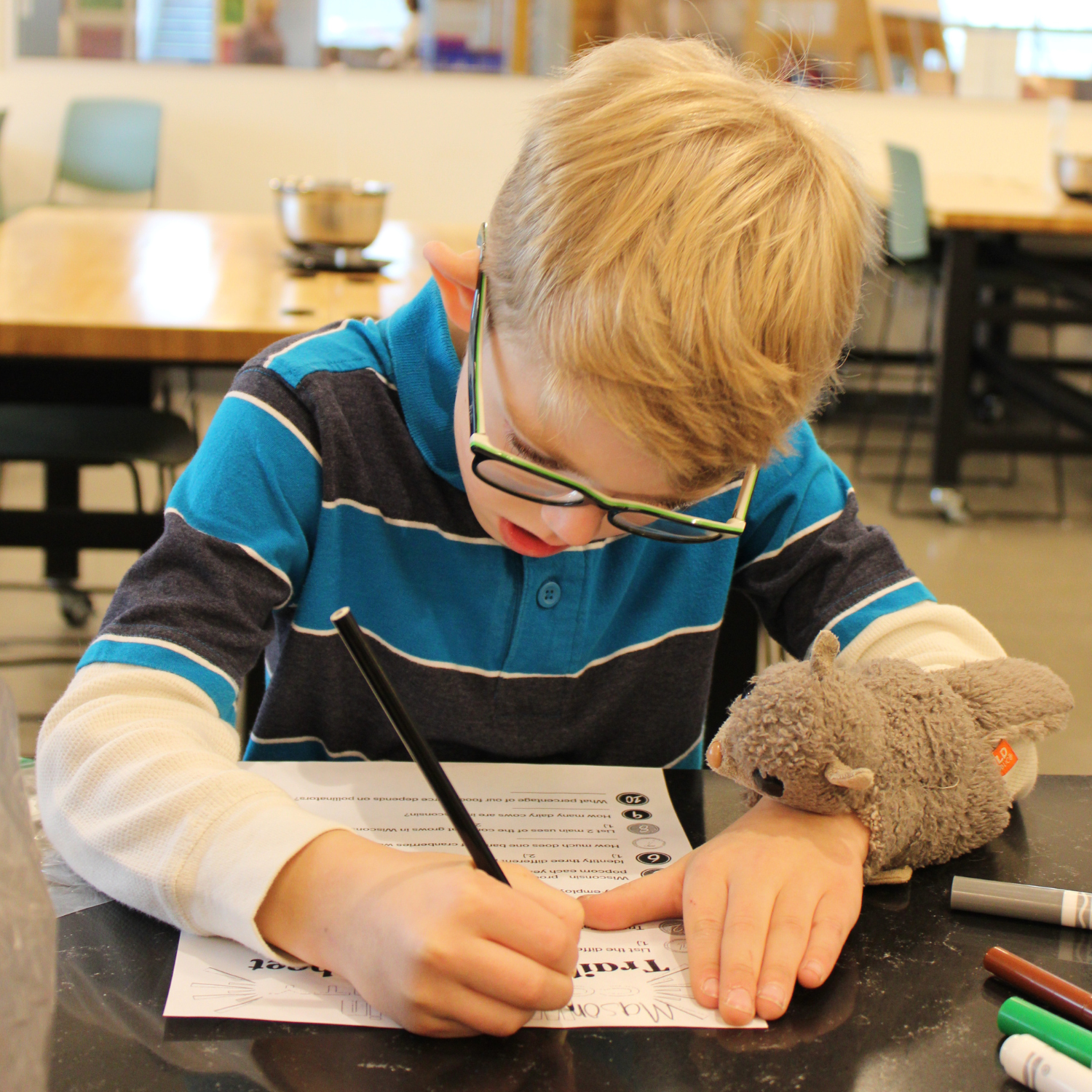 Boy working on activity sheet