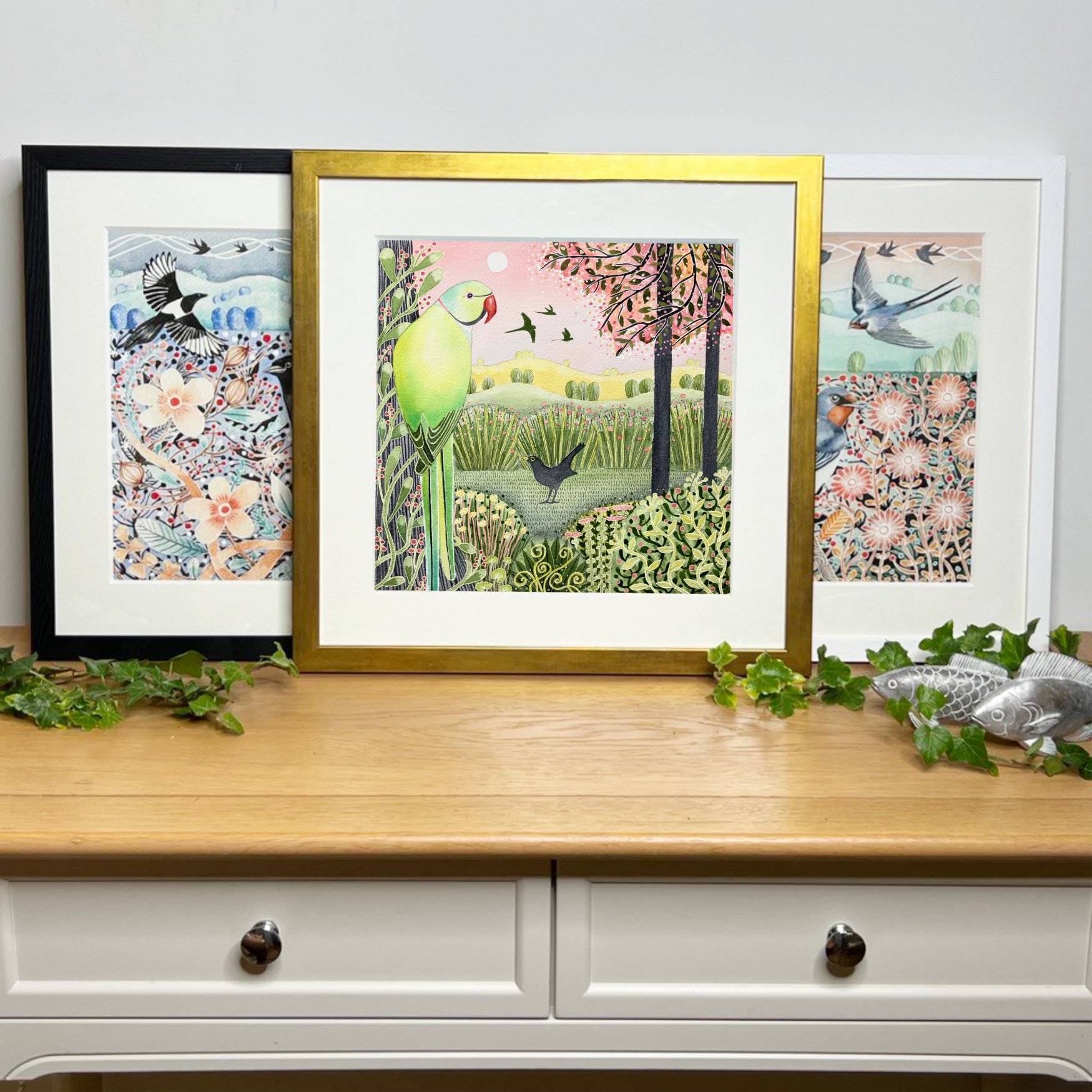 Spring three framed prints parakeet.jpg