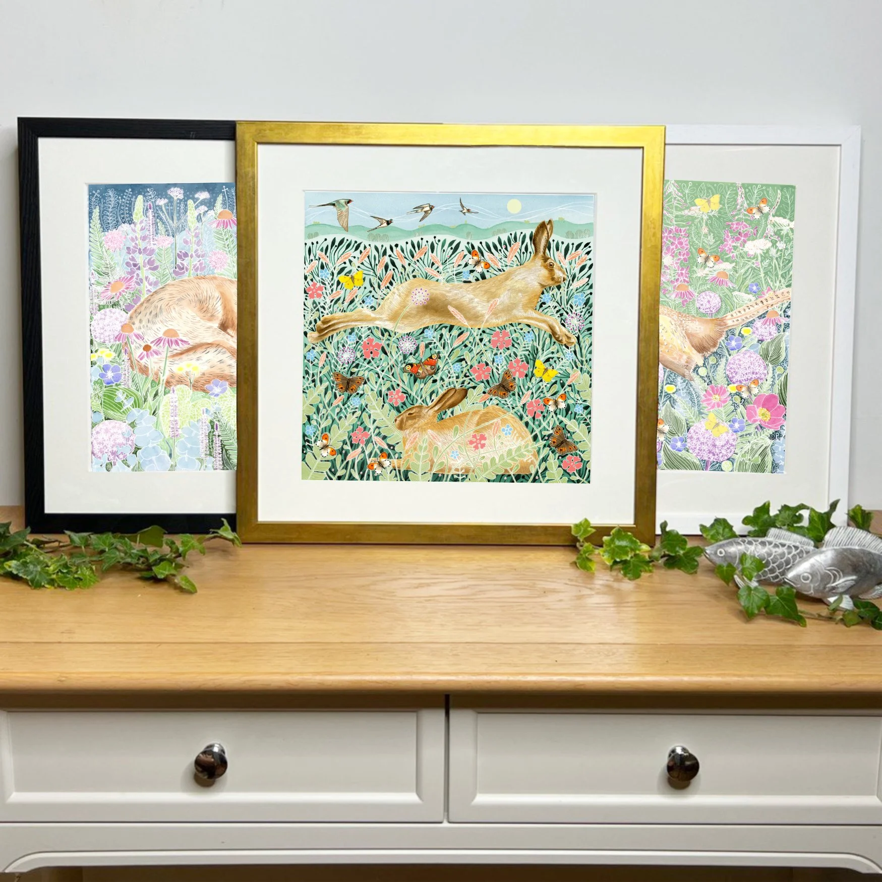 three framed prints Leaping Hare .jpg