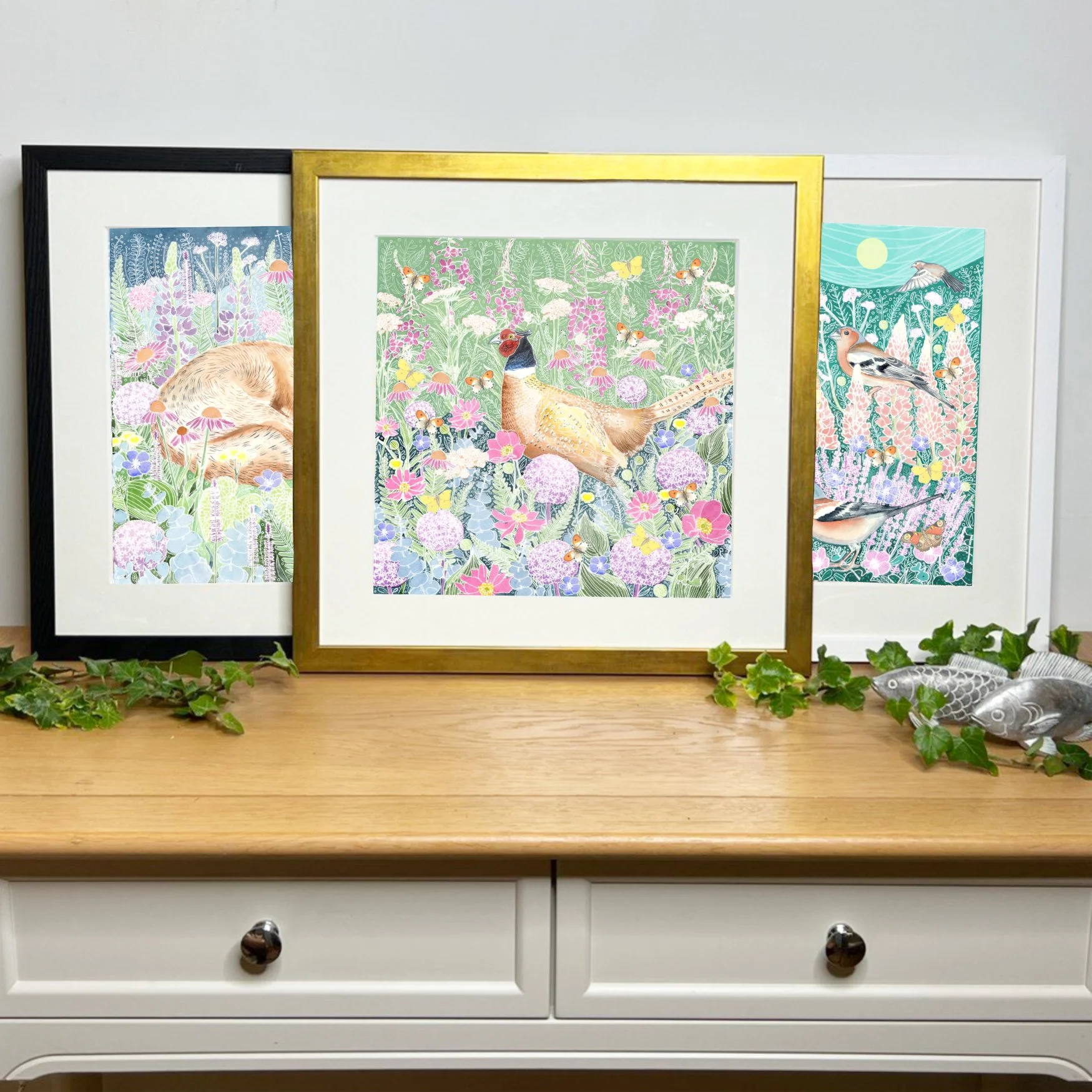 three framed prints A Pheasant in the Garden .jpg