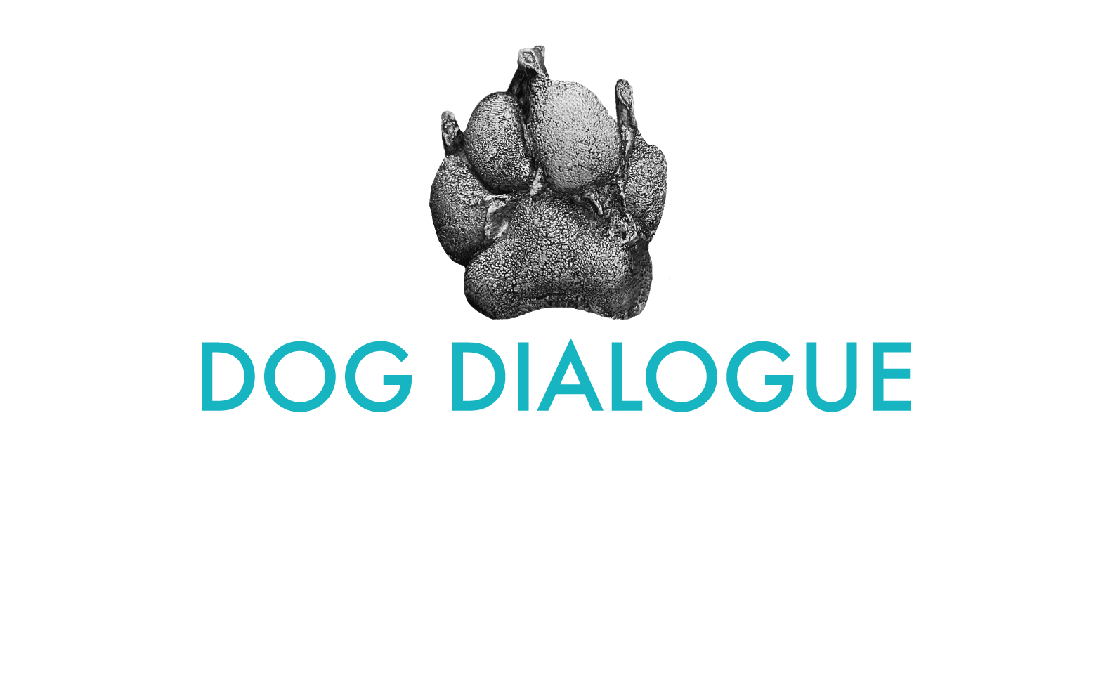 A black and white logo featuring a stylized dog paw print above the words 'Dog Dialogue' in teal text.