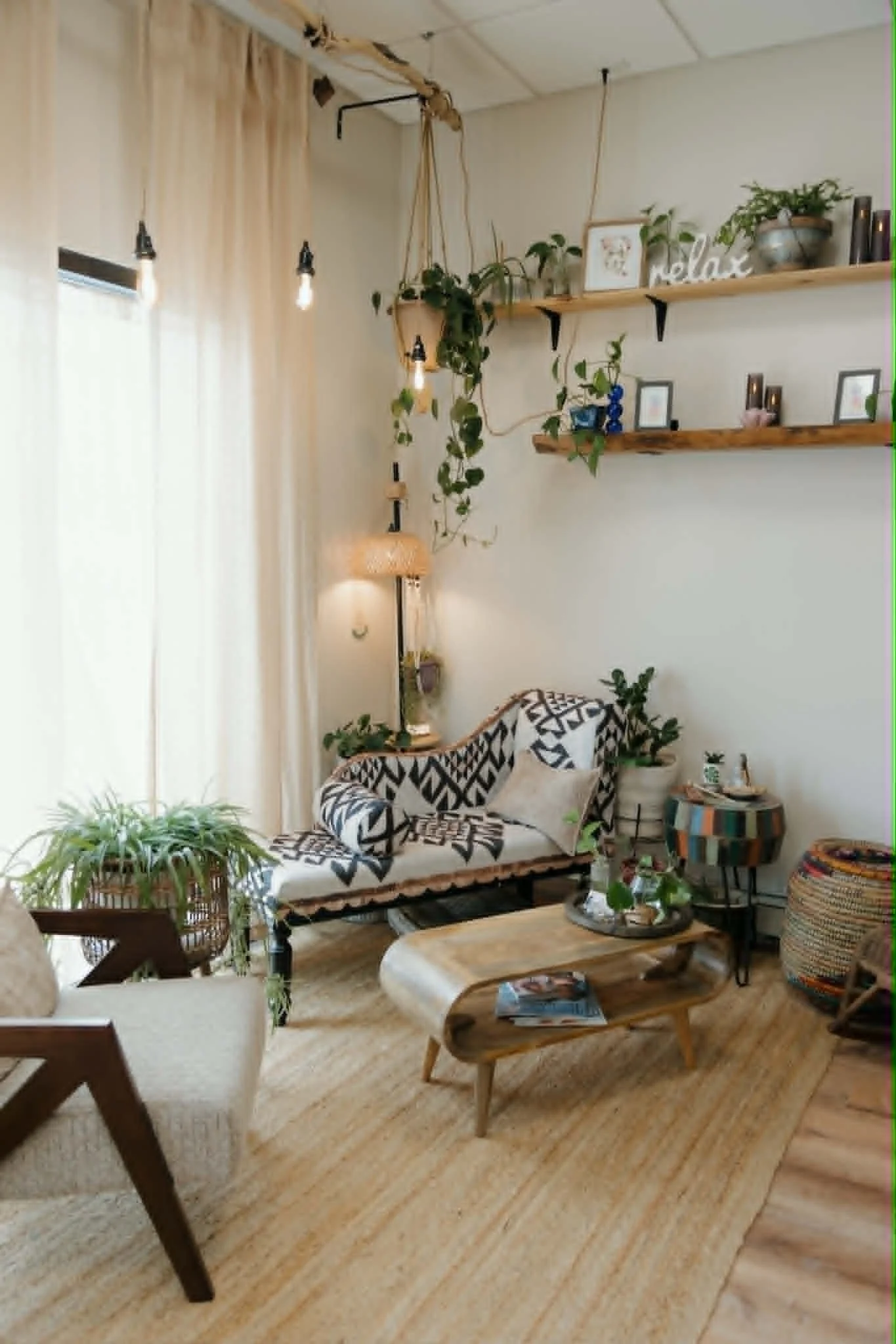 A cozy coaching space decorated with houseplants, wooden shelves, framed photos, and a patterned couch. There is a wooden coffee table with flyers on it, and warm lighting from a floor lamp and hanging bulbs. A beige rug covers the wooden floor.