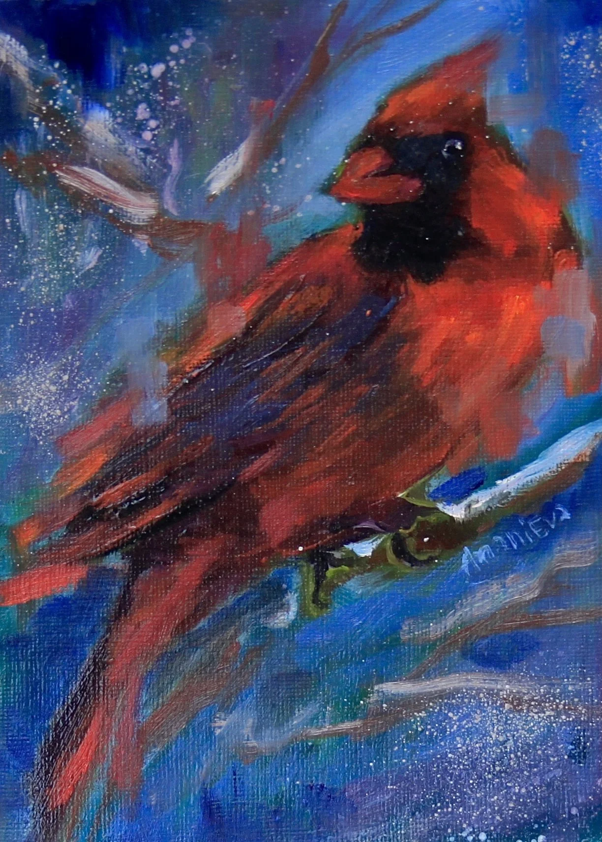 An abstract painting of a red cardinal bird perched on a branch with a colorful, starry background.