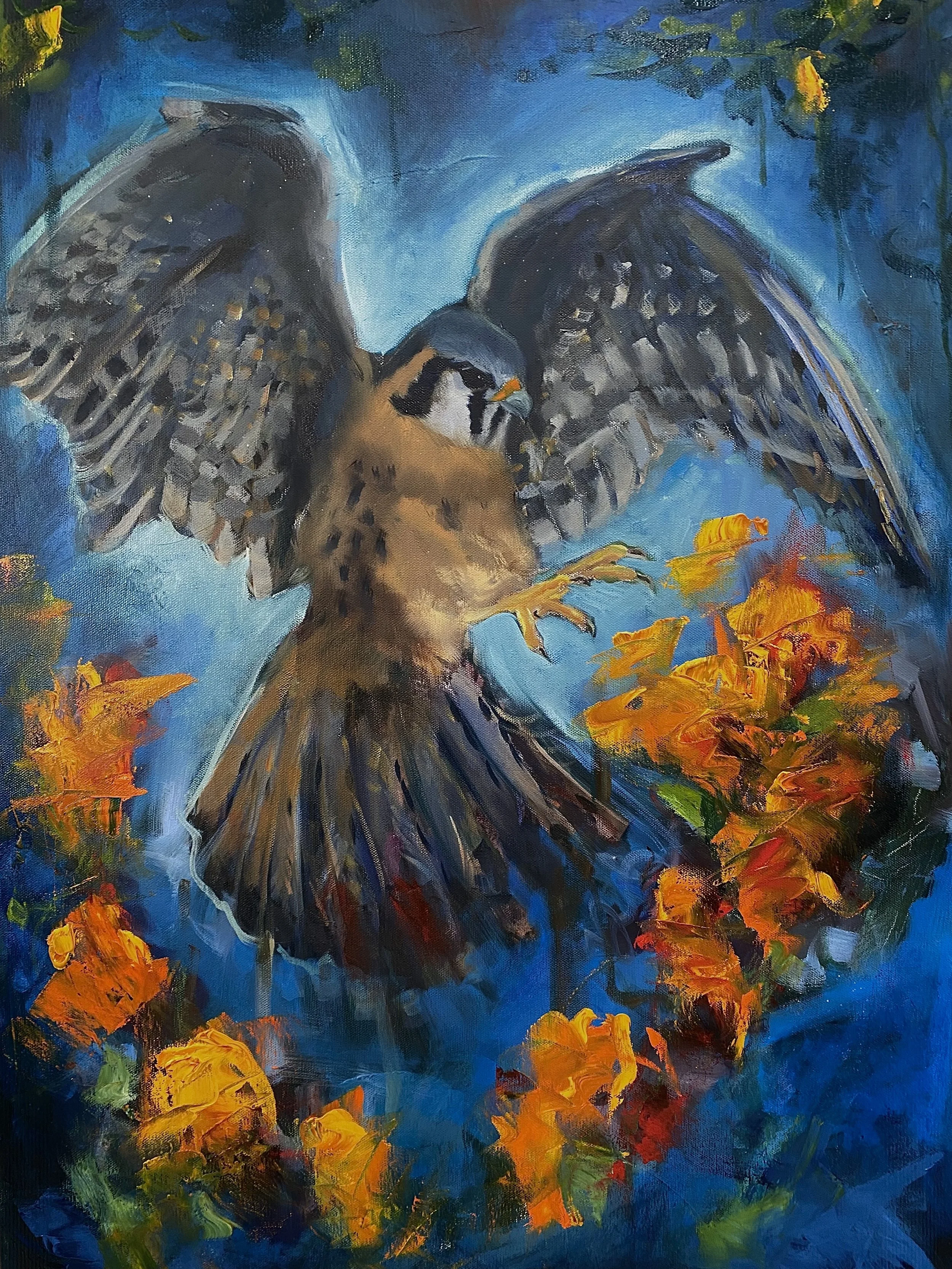 Painting of an eagle with outstretched wings perched among colorful orange and yellow foliage, set against a blue background.