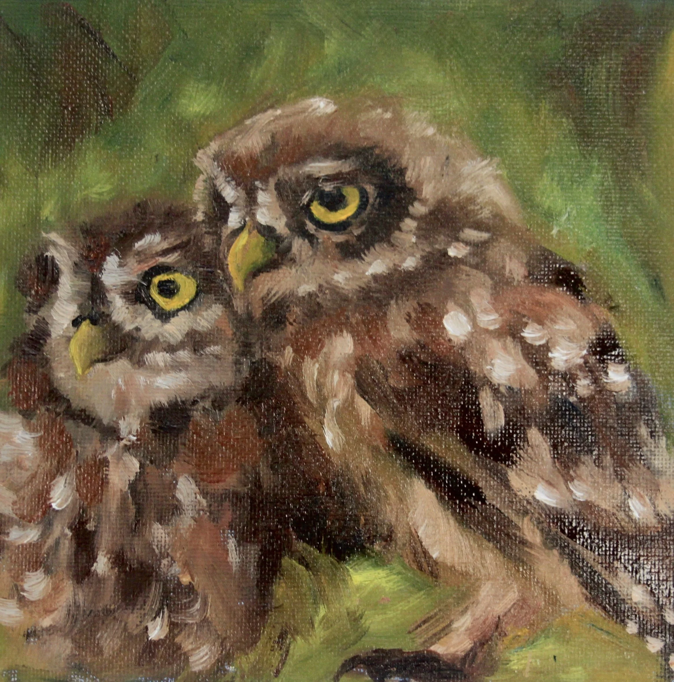 Painting of two owls, one larger and one smaller, with yellow eyes and brown feathers, against a green background.