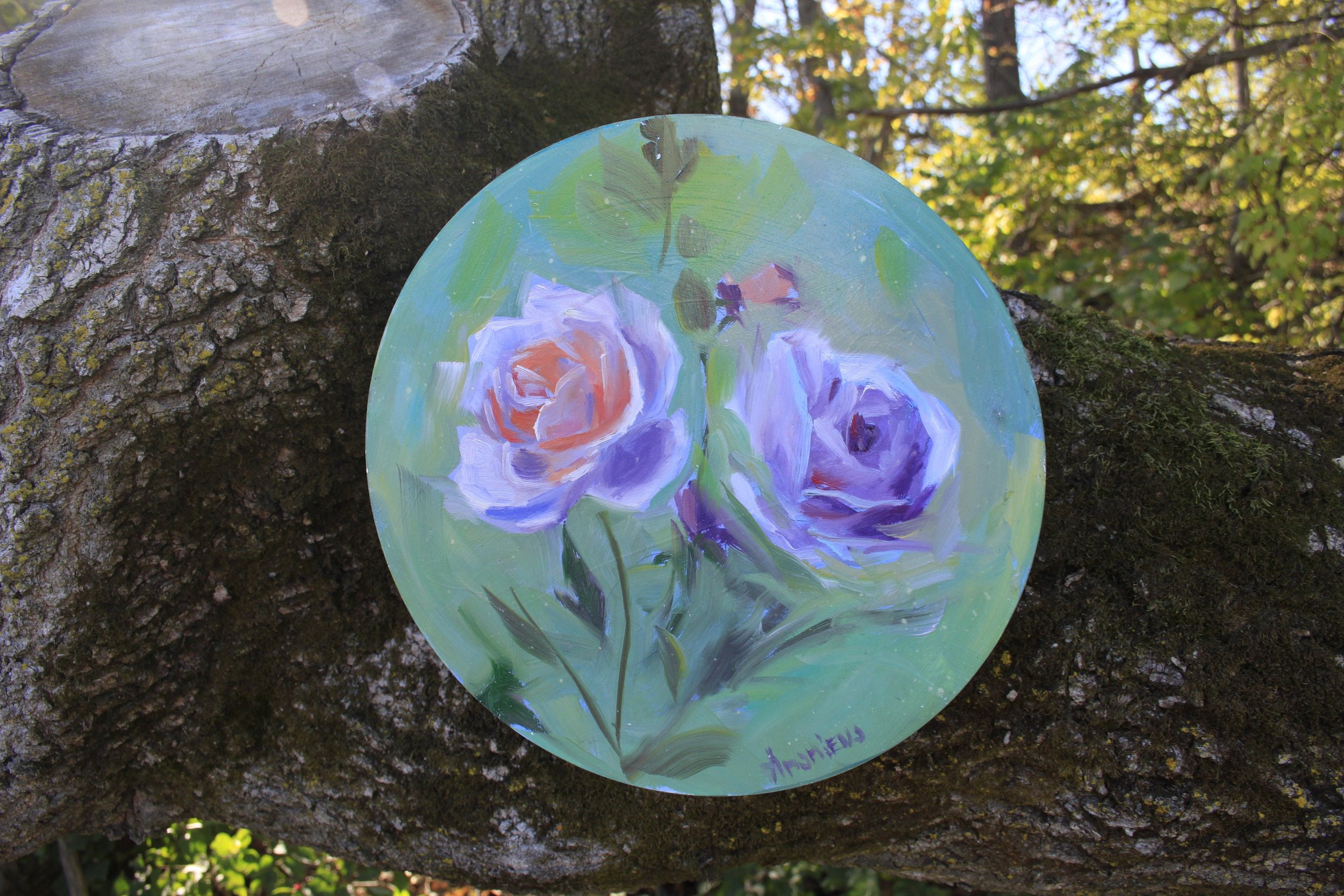 pink roses oil painting; roses painting; round painting of roses; mint oil painting