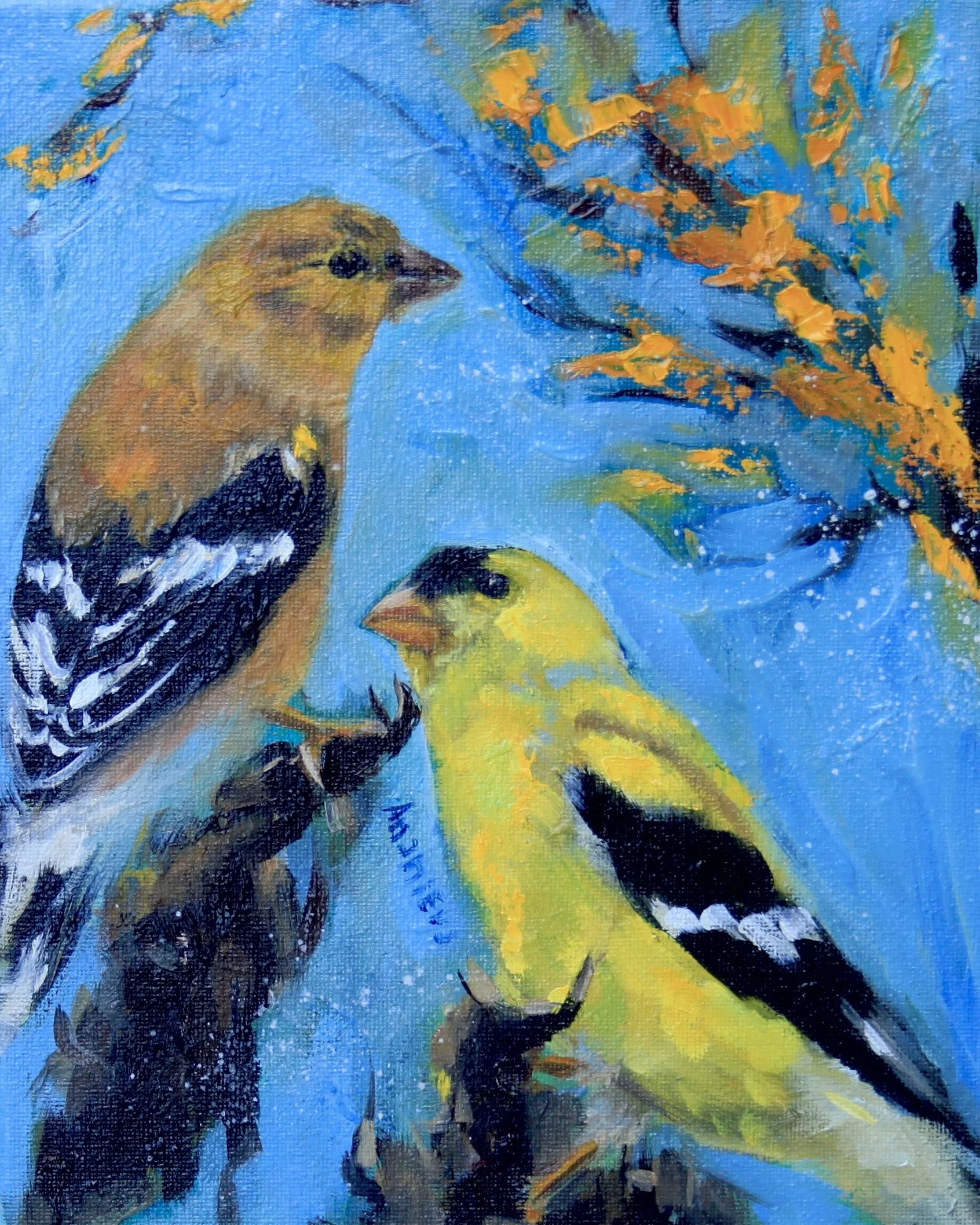 A colorful painting of three birds, two yellow and black finches and one brown and black chickadee, perched on a branch with a blue background and orange leaves.