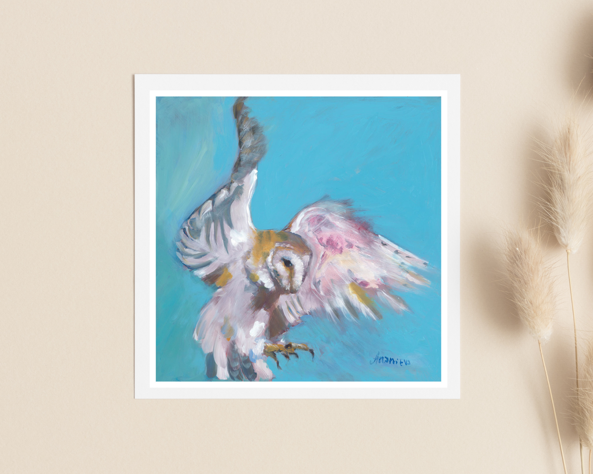 barn owl in flight painting print