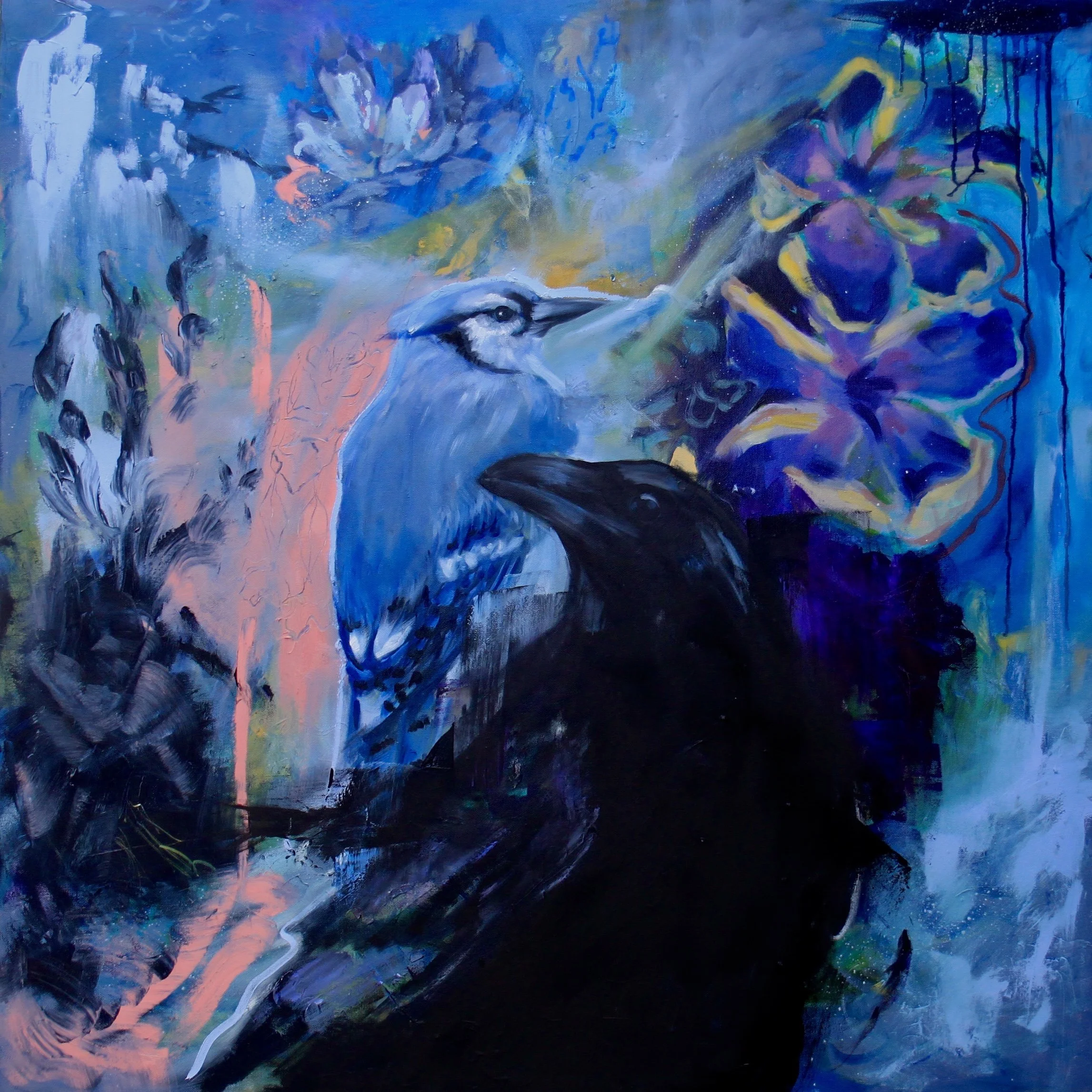 An abstract painting featuring two birds, one blue and one black, with a background of colorful flowers and foliage in shades of blue, purple, pink, yellow, and green.