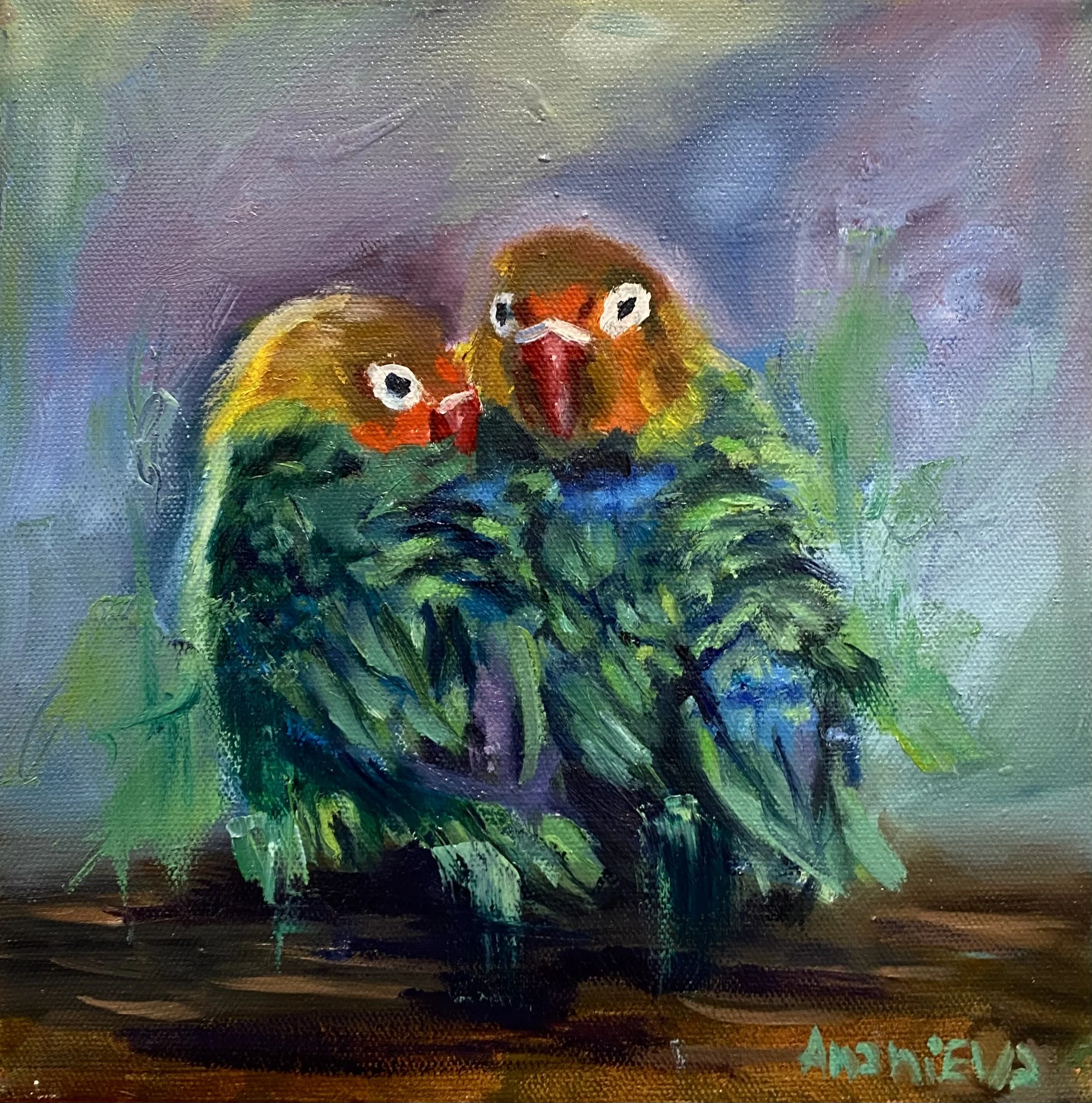 An abstract painting of two lovebirds perched on a branch, with vibrant colors and textured brushstrokes.