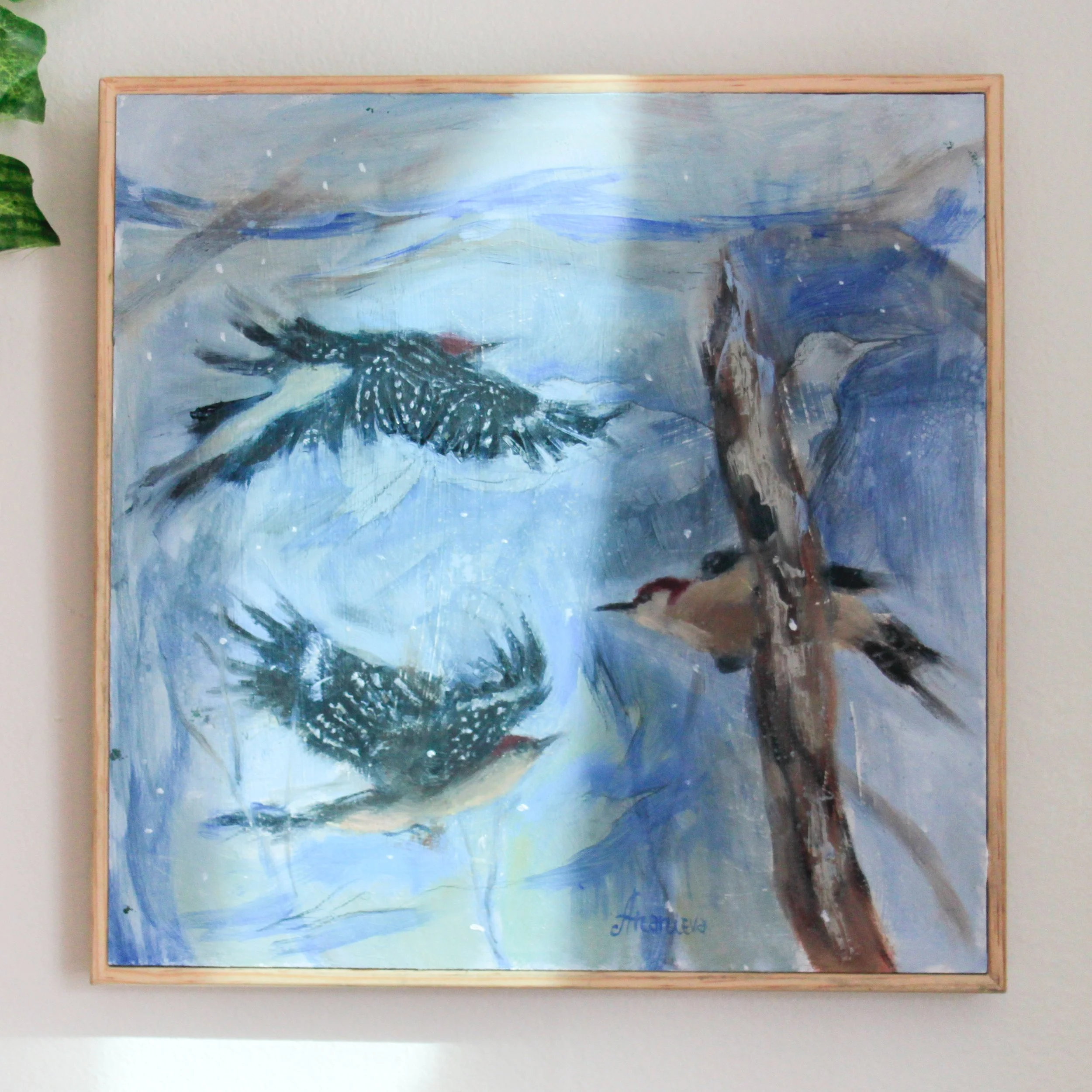 Red Bellied Woodpeckers in winter painting