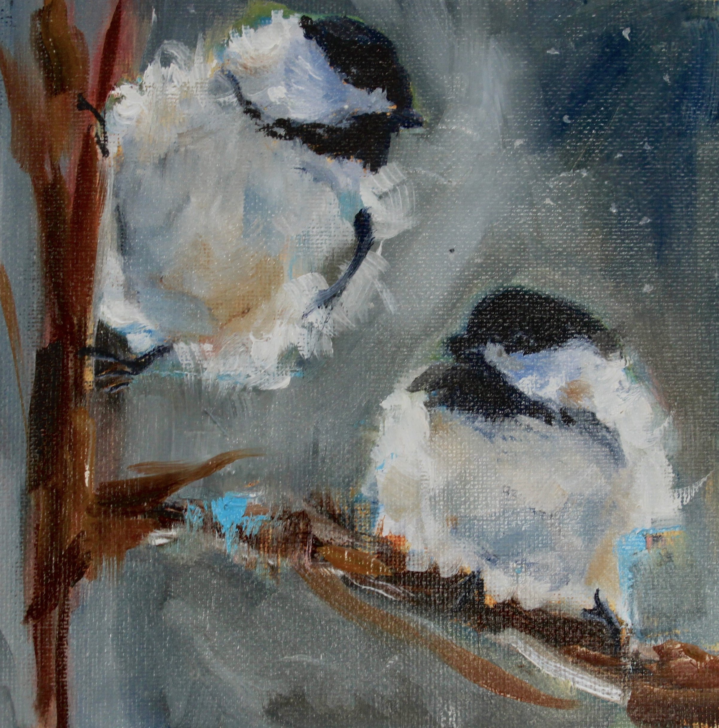 An abstract painting of two sparrows on a branch using loose brushstrokes and muted earth tones.