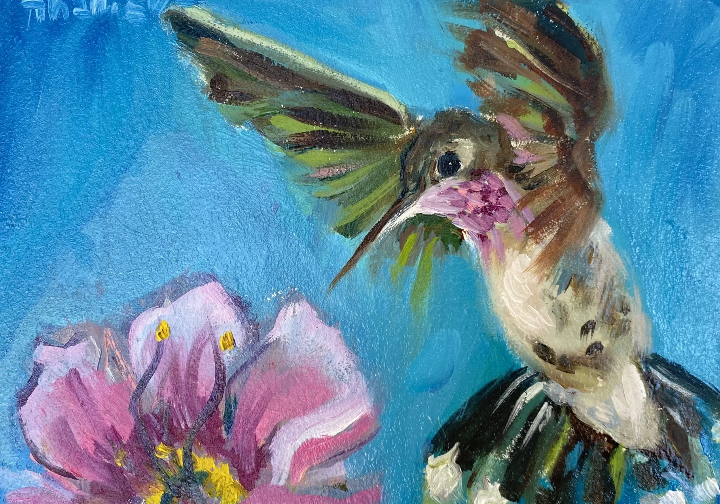 A painting of a hummingbird with pink and green accents approaching a pink flower with yellow stamens, set against a bright blue background.
