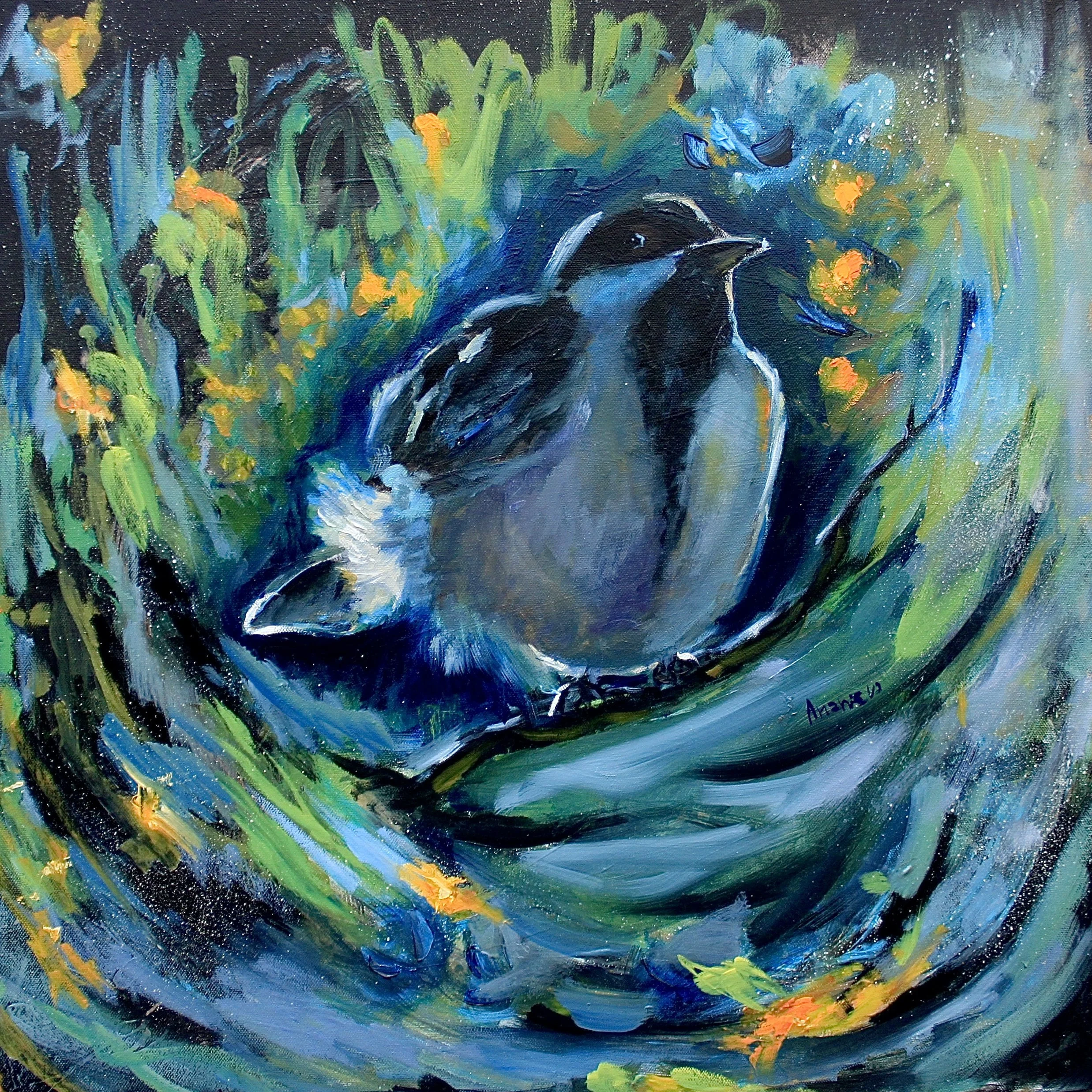 Painting of two small birds, possibly chickadees, perched on a branch surrounded by vibrant green and yellow foliage with touches of blue. The scene is lively, with brushstrokes emphasizing movement and color.