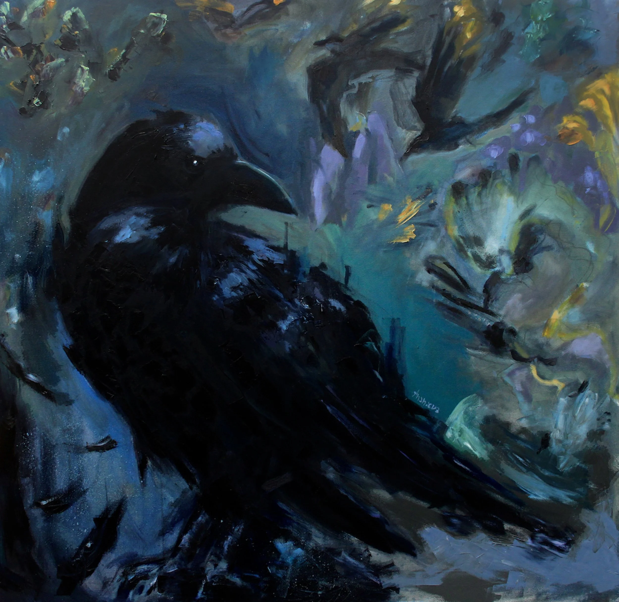 An abstract painting featuring a black raven with a background of swirling colors in shades of blue, purple, green, and yellow.