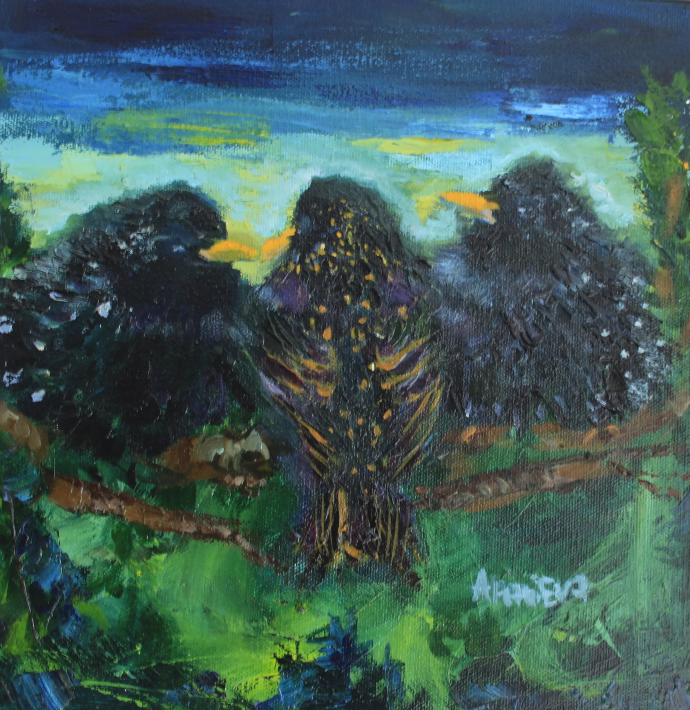 An abstract painting of three dark, colorful birds perched on a branch amidst green foliage with a blue sky in the background.