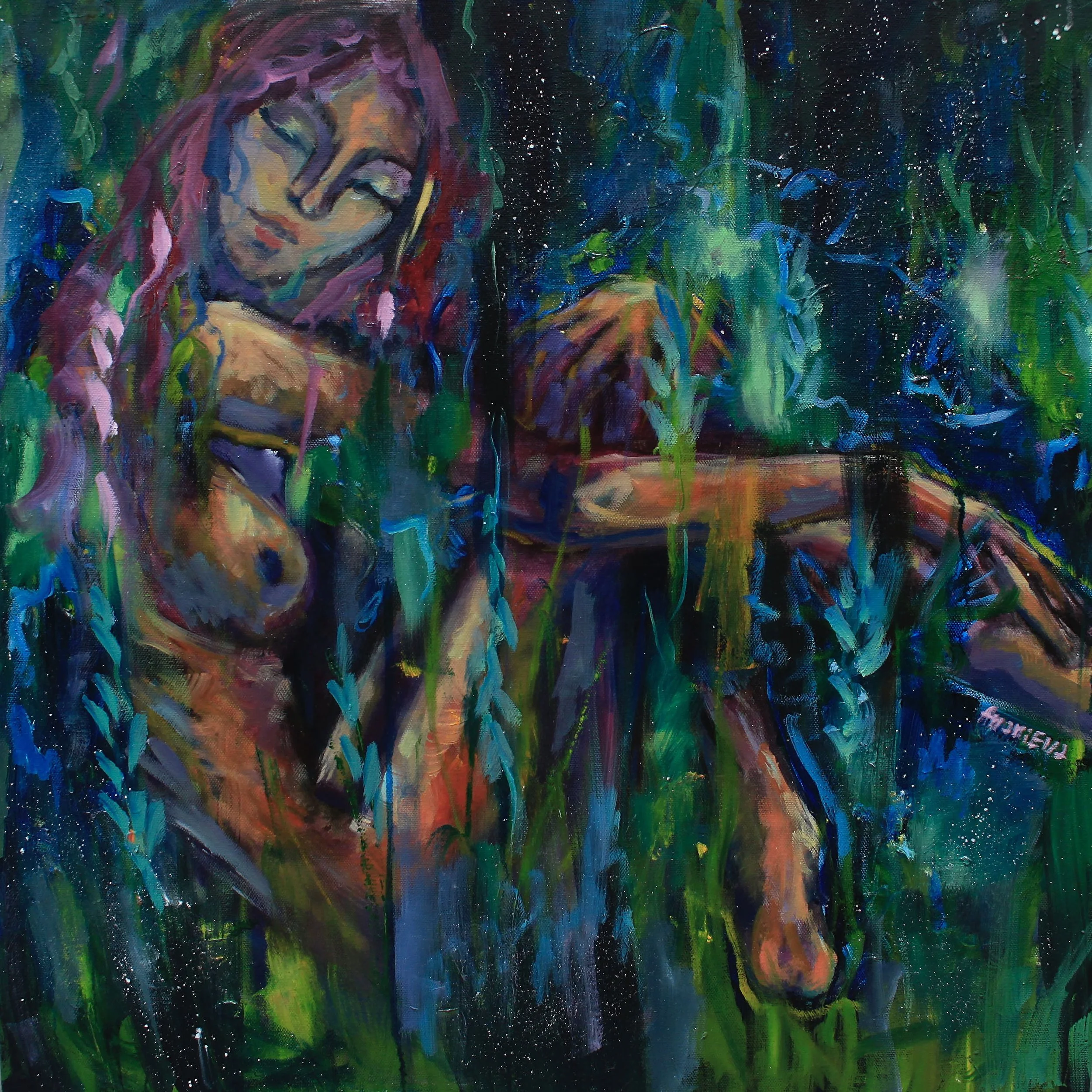 Colorful abstract painting of a woman with long hair sitting outdoors at night, surrounded by green plants and a starry sky.